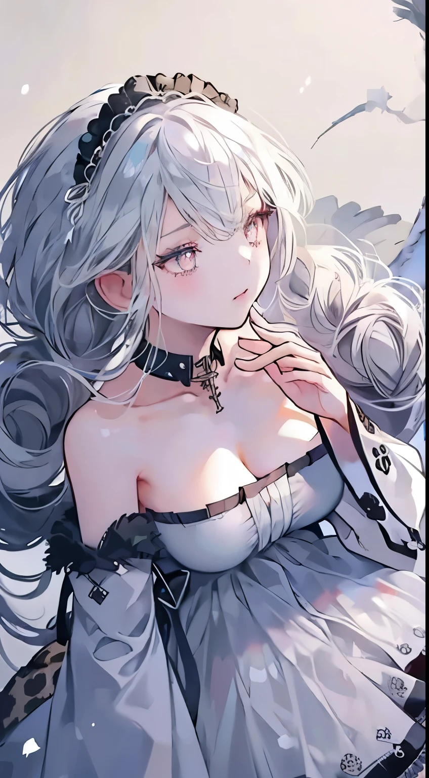 (masterpiece, best quality:1.2),1 girl, Upper body,Tail, large Tail, white hair, very long hair, curls, gray eyes, deTailed eyes, colorful hair, ring, bead necklace, animal ears, leopard ears, black cloak, white dress, Hip vents, pelvic curtain, gray stockings, Snowing, Snowing mountains, snowstorm, Volumetric lighting, subsurface scattering, light, chiaroscuro, Floating hair, Put your hands on your chest