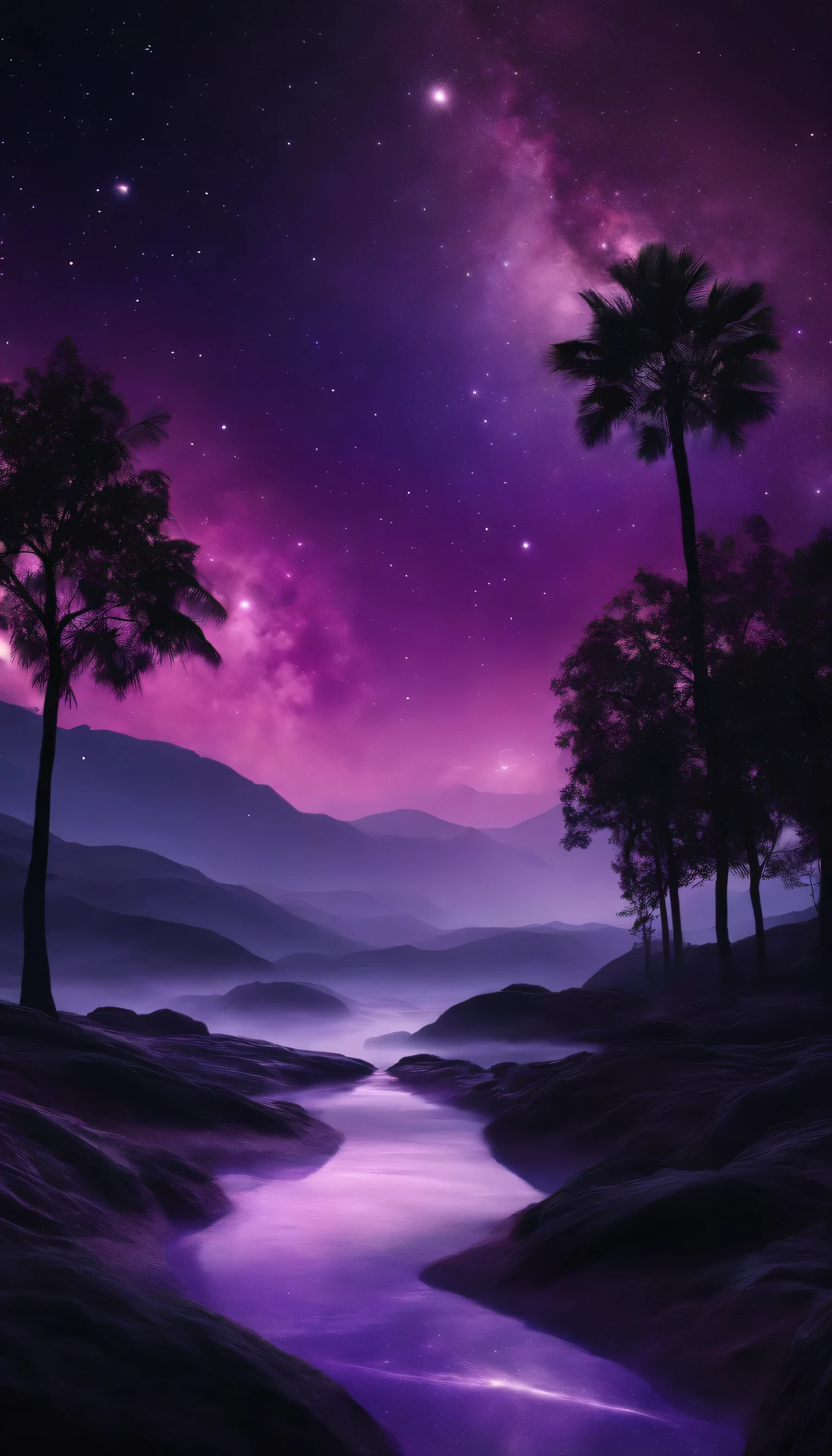 Create a black galaxy landscape with purple details in space