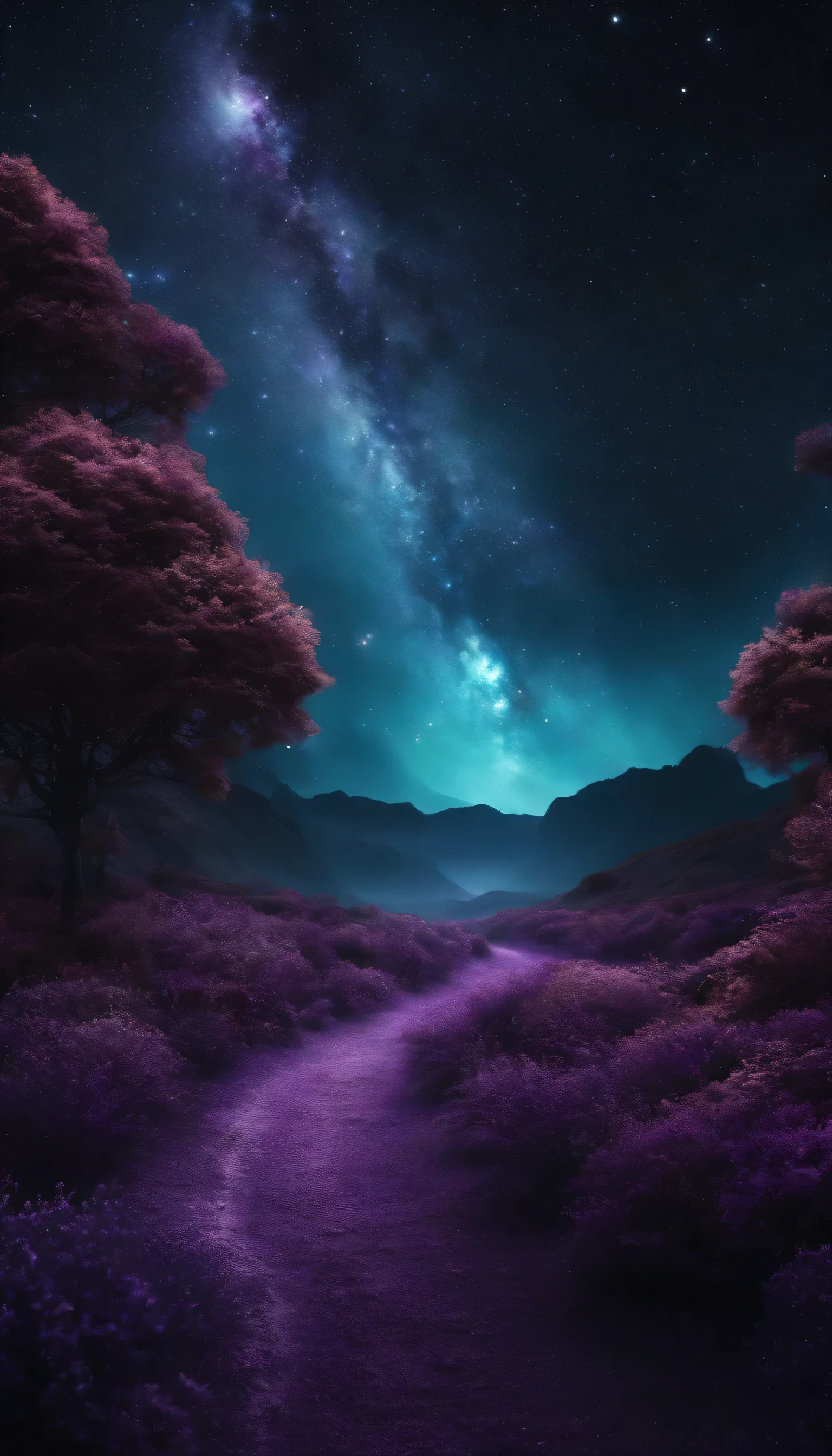 Create a black galaxy landscape with purple details in space