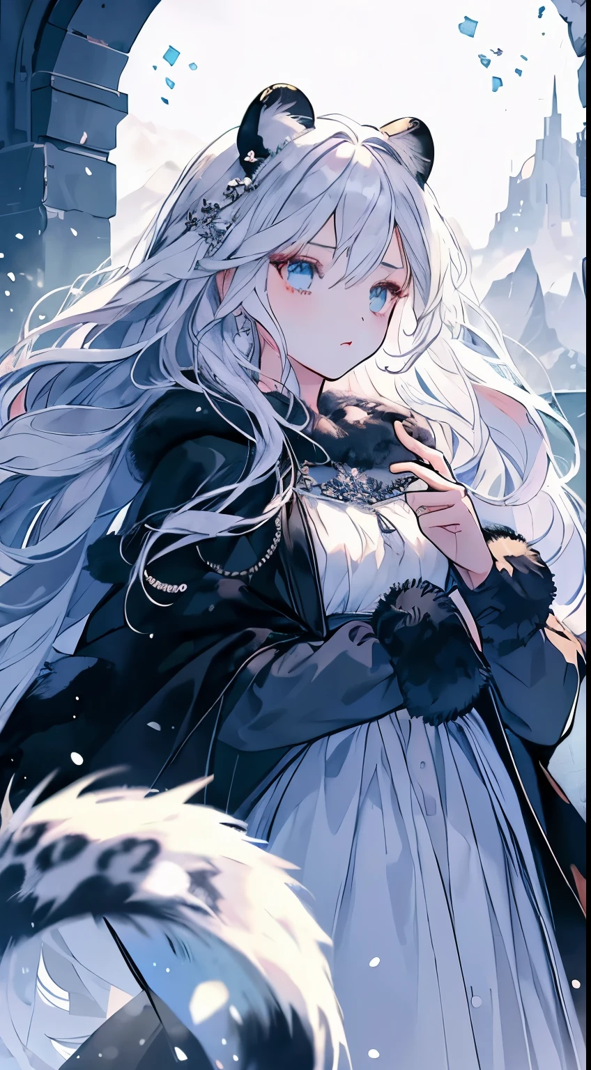 (masterpiece, best quality:1.2),1 girl, Upper body,Tail, large Tail, white hair, very long hair, curls, gray eyes, deTailed eyes, colorful hair, ring, bead necklace, animal ears, leopard ears, black cloak, white dress, Hip vents, pelvic curtain, gray stockings, Snowing, Snowing mountains, snowstorm, Volumetric lighting, subsurface scattering, light, chiaroscuro, Floating hair, Put your hands on your chest