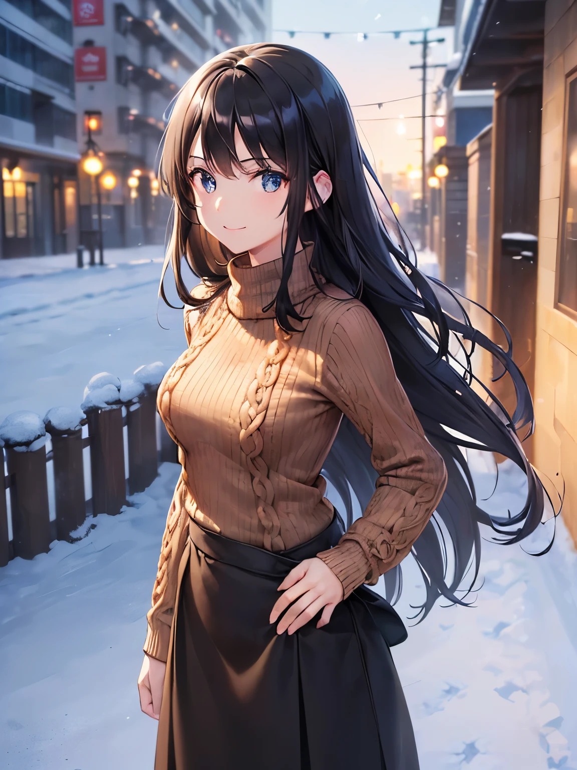 ((masutepiece, Best Quality)), ((hight resolution)), (photos realistic), Best Shadow, high detailing, Very detailed, (nice hand, Perfect hands), (Face Focus:1.2), ((1girl)), Beautiful Girl, 25に years old, blue eyes, (black long Hair:1.5), (small breasts:1.3), (Smile:1.3), Glossy white skin, (view from front:1.3), (Very slender:1.3), (Cute face:1.3), (look at viewer:1.4), detailed facial features,droopy eyes, Crisp focus, perfect beautiful body and face, Perfectly focused, (standing:1.4), Long bangs, (hand on back:1.4), (in the winter city:1.4), heavy snow, ((brown knit sweater:1.4)), ((black long skirt:1.3)), (smile)