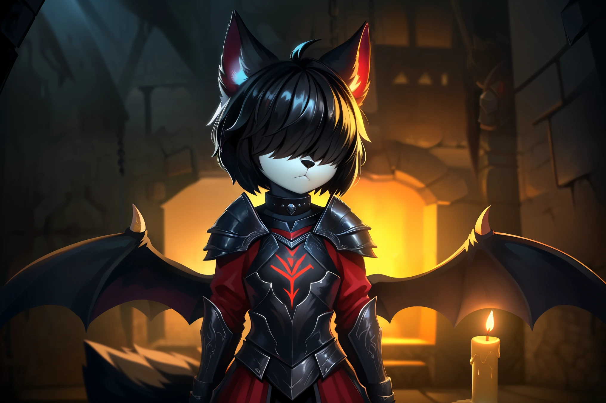 ((fox)), male, feminine body, (solo), fluffy hair, ((hair over eyes), black hair, short hair, twintail hair, ((fluffy body)), black fox tail, black fox ears, ((black devil wings)), ((black devil horns)), ((red infernal armor)), black armor, red runes, spike collar, standing, up close, dark blue atmosphere, ((dark room)), ((dungeon)), chains, candles, demonic sigil, up close, Very good figure, cinematic lighting, volume lighting, masterpiece, super detail, high quality, best quality, highres, 16k