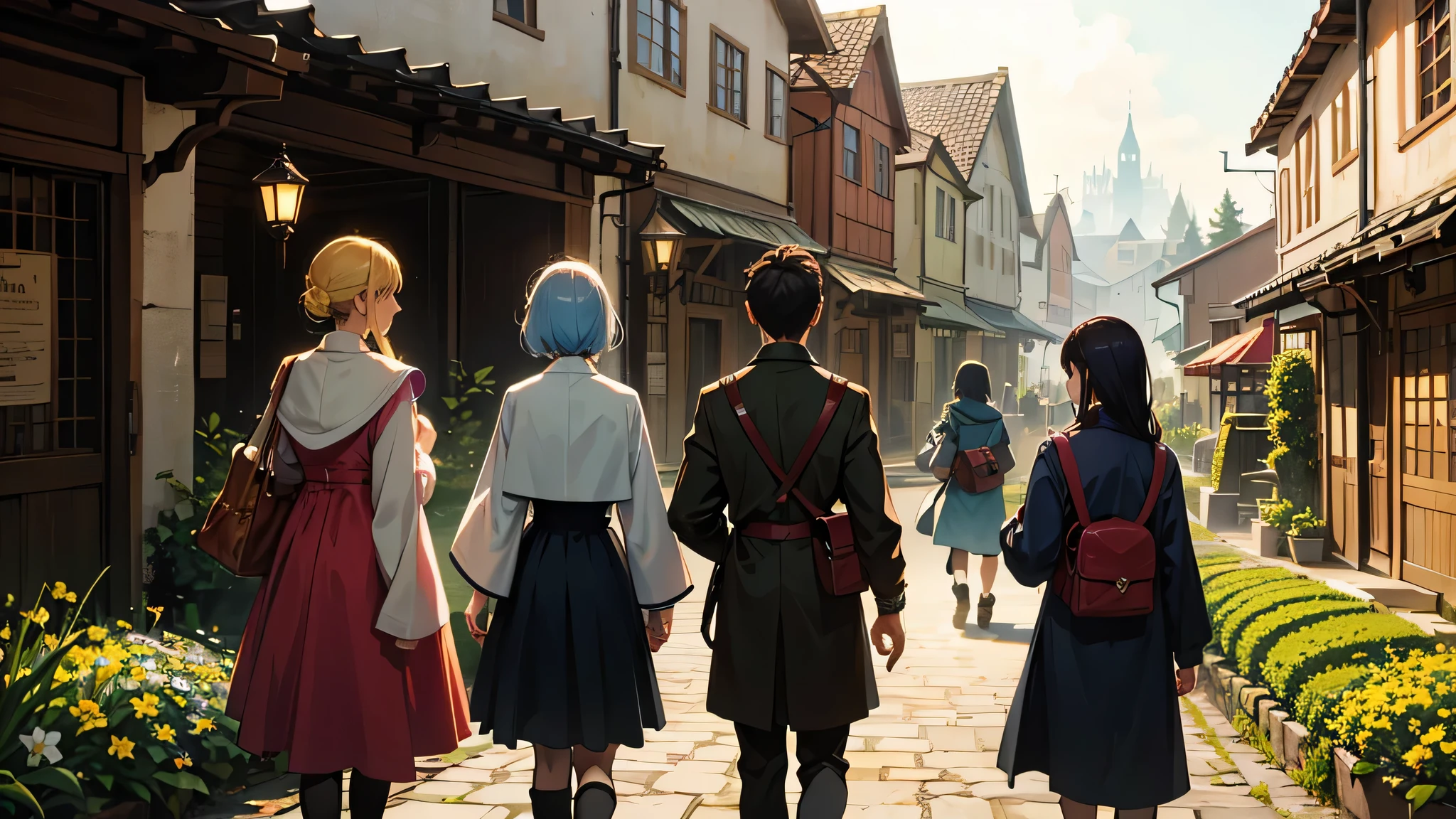 fancy, another world, The back of four adventurers walking side by side, Warm atmosphere, city, spring