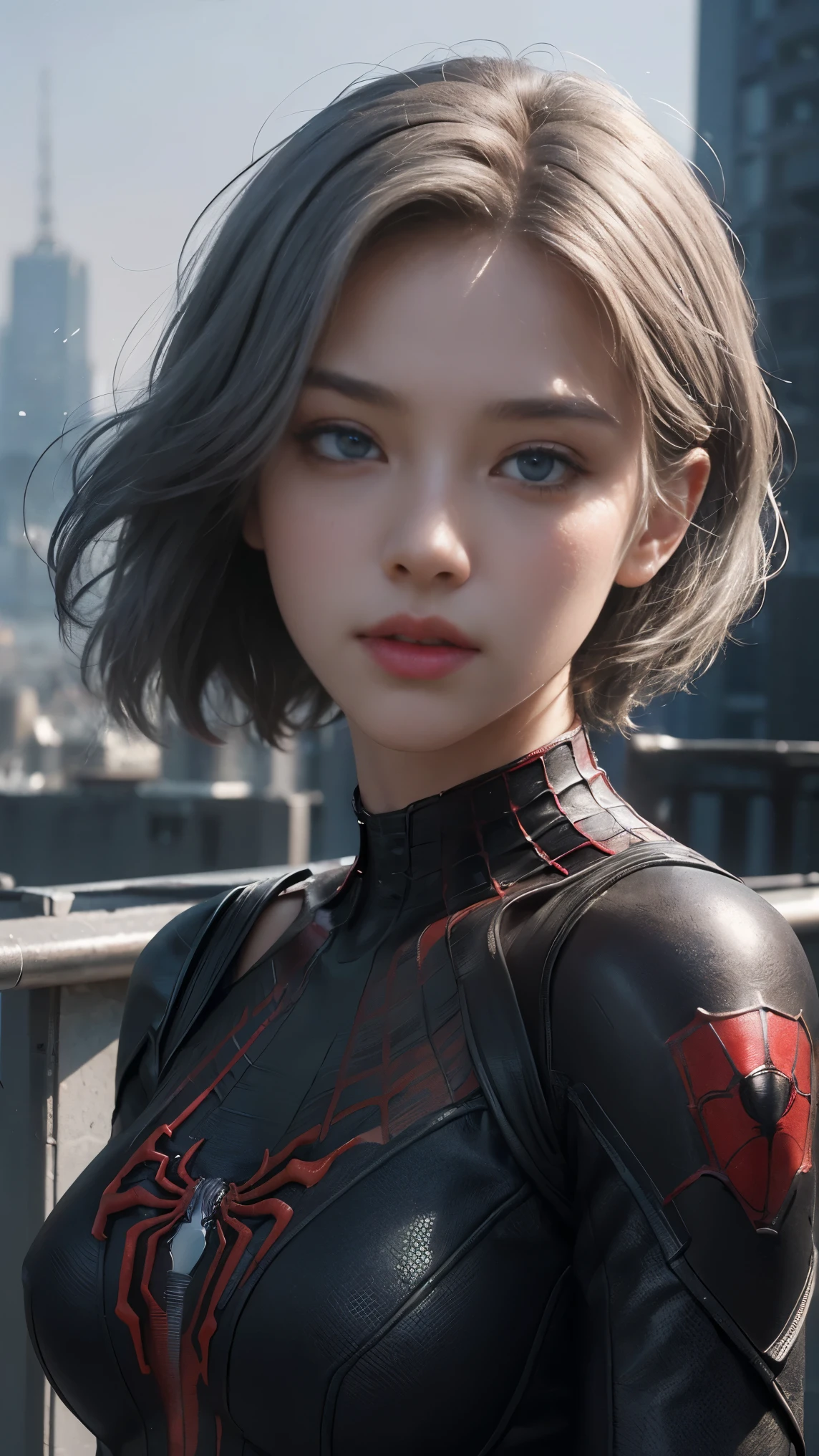 (1girl:1.3), Solo, (((Very detailed face)))), ((Very detailed eyes and face)))), Beautiful detail eyes, Body parts__, Official art, Unified 8k wallpaper, Super detailed, beautiful and beautiful, beautiful, masterpiece, best quality, original, masterpiece, super fine photo, best quality, super high resolution, realistic realism, sunlight, full body portrait, amazing beauty, dynamic pose, delicate face, vibrant eyes, (from the front), She wears Spider-Man suit, red and black color scheme, spider, very detailed city roof background, rooftop, overlooking the city, detailed face, detailed complex busy background, messy, gorgeous, milky white, highly detailed skin, realistic skin details, visible pores, clear focus, volumetric fog, 8k uhd, DSLR, high quality, film grain, fair skin, photo realism, lomography, futuristic dystopian megalopolis, translucent,cool beauty,tall girl,short hair,silver hair,Precisely expresses details such as face and skin texture,beautiful eye, double eyelid,delicate skin,slender body shape,alone,big breasts,