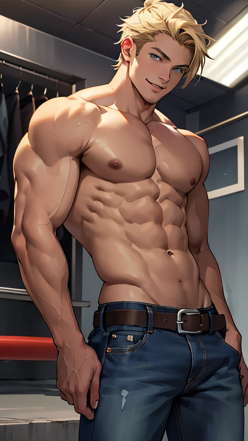 ((best quality)), ((Masterpiece)), (details), perfect face,high definition,Masterpiece,4k,details clearly,,,Handsome face,white skin,perfect body,male body,strong muscles,Abdomen muscles are wavy.,abdomen,blue eyes,white skin,The most handsome man in the world,handsome,,The coolest face,Male characters,challenge,Show off your body,Strong breasts,beautiful eyes,Look clearly...,short hair,Blonde hair,smile,happy face,kindness,perfect Body,Sixpack,Bright Skin,Healthy,leather belt,Jeans