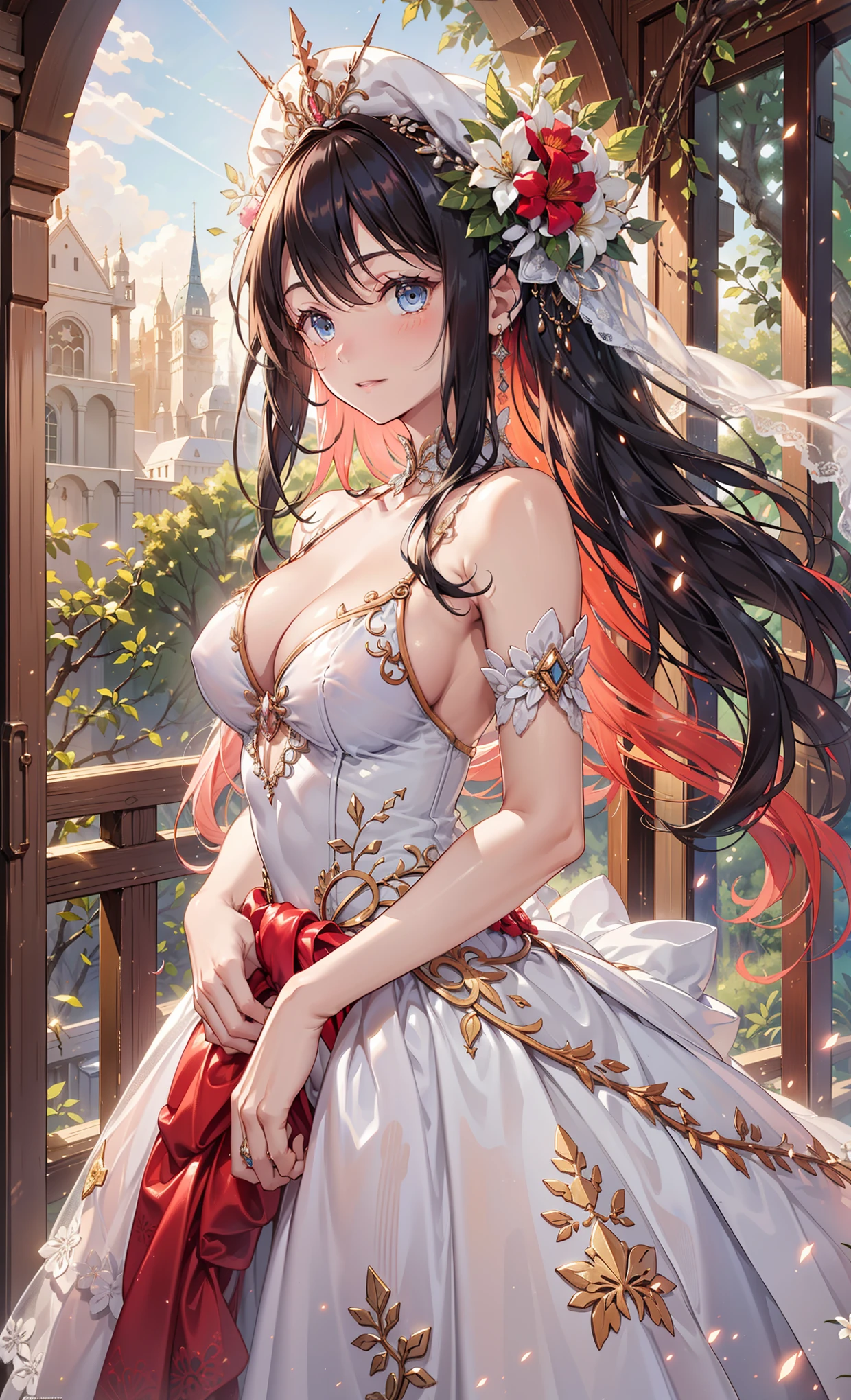 (best quality, high resolution, textured skin, high quality, high detail,Extremely detailed CG unification),age girl,obsessed,divine happiness,in love,having fun,(Heavenly Maxi and Ballgown Combinations),pink hair,blue eyes,(Fabric headwear),Minimalism,multi-layered ruffles,lace,exquisite embroidery,Exquisite patterns,Fabric headwear,dress nicely,sheer transparent clothes,bedroom,闪闪发Light的,(Looks like it's covered by a transparent skirt:1.1),Light,night,the only person,fluttering skirt,Exquisite and beautiful face,dynamic angle