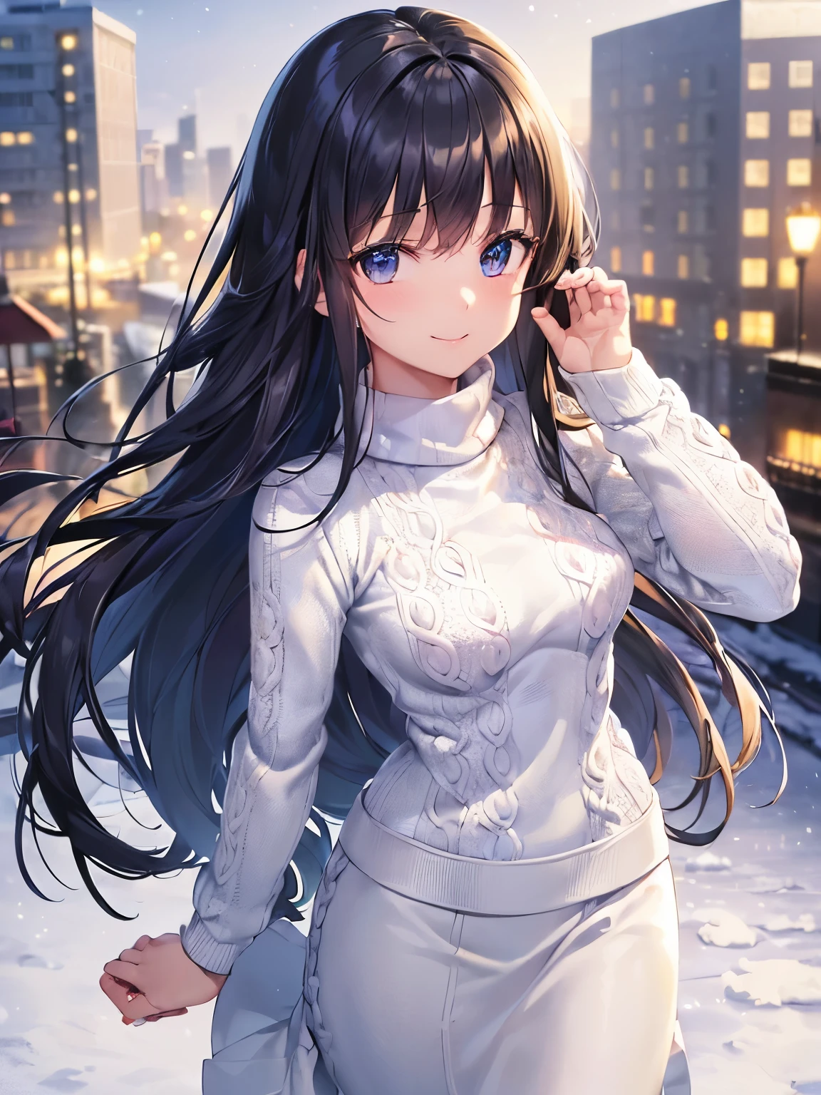 ((masutepiece, Best Quality)), ((hight resolution)), (photos realistic), Best Shadow, high detailing, Very detailed, (nice hand, Perfect hands), (Face Focus:1.2), ((1girl)), Beautiful Girl, 25に years old, blue eyes, (black long Hair:1.5), (small breasts:1.3), (Smile:1.3), Glossy white skin, (view from front:1.3), (Very slender:1.3), (Cute face:1.3), (look at viewer:1.4), detailed facial features,droopy eyes, Crisp focus, perfect beautiful body and face, Perfectly focused, (standing:1.4), Long bangs, (hand on back:1.4), (in the winter city:1.4), heavy snow, ((white knit sweater:1.4)), ((black long skirt:1.3)), (smile), ((train))