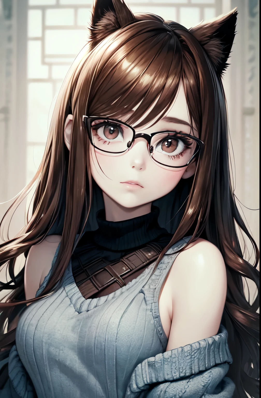 Top Quality, 8K, 4K, High Definition, Details Beautiful round glasses girl, dark-haired girl, light clothes, sunlight through the trees, hot and nod,