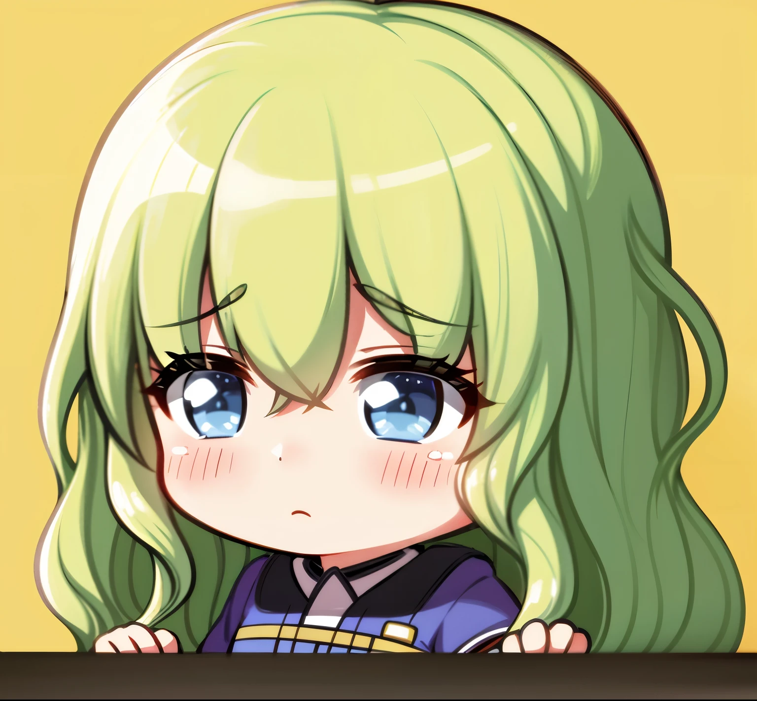 masterpiece、super high quality、yellow-green hair、girl、blue eyes、obedient personality、very cute、short height、tracksuit、Wavy back hair、kind、14 years old、long hair、(:1.07)、Deep Thoughts、Japanese、I'm embarrassed、embarrassed face、full blush