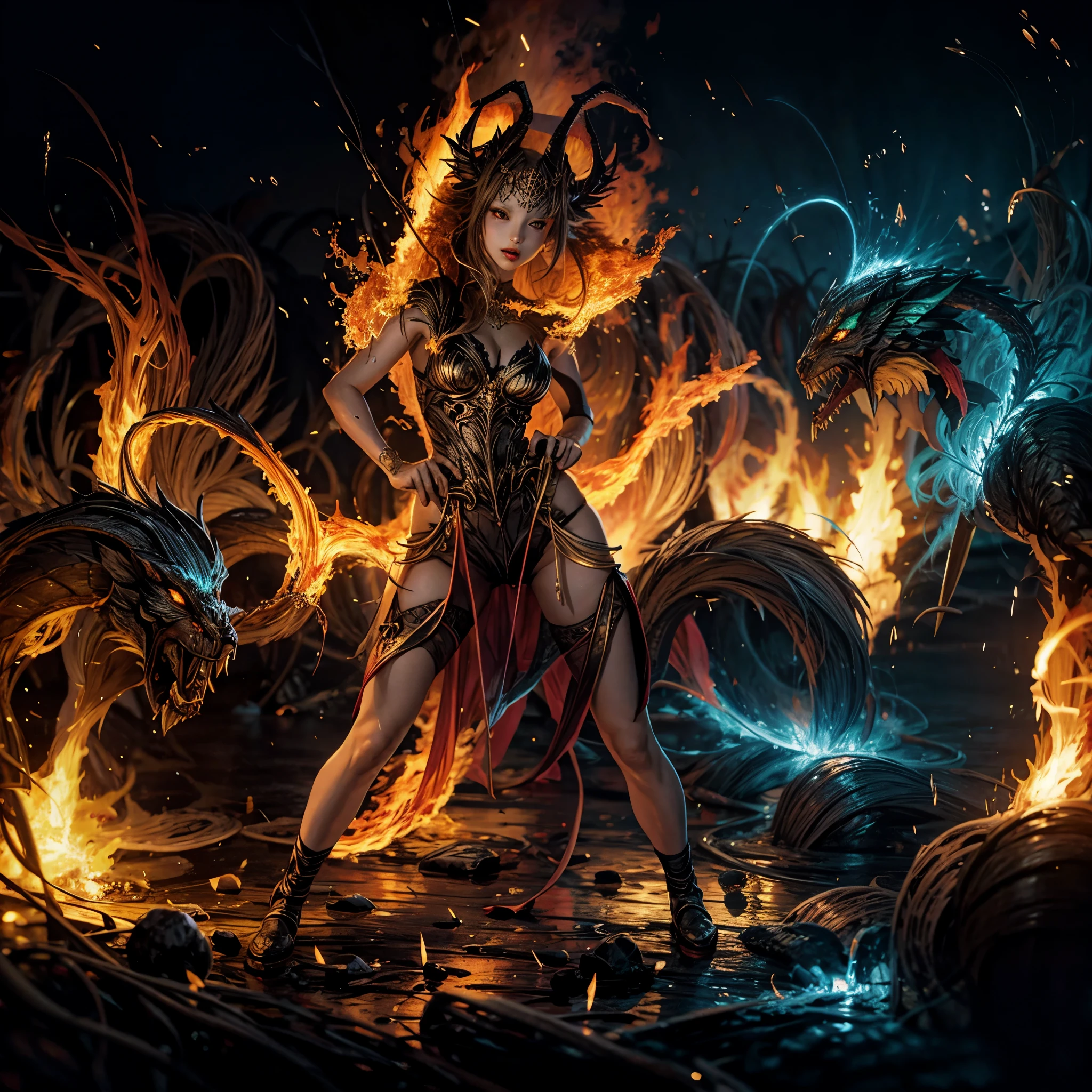 (NSFW:-1, Exposed:0.75), (((nipple:-1, horns:-1, extra ears:-1))), (bokeH, Acutance:0.85, Ultra-detailed:1.35), (Masterpiece, best quality, highres, realistic:1.37), (sexy Ifrit clad in flames with aura:1.28), (all outfits made of flames), (many colorful lights and sparks in blurred background:1.2), detailed gaze, seductive lips, alluring pose, mesmerizing atmosphere . BREAK (Luminous Particles:1.15), full of fire covering and surrounding whole Body, filled with flames, ruins, fiery Sky, a cigarette hold in mouth .