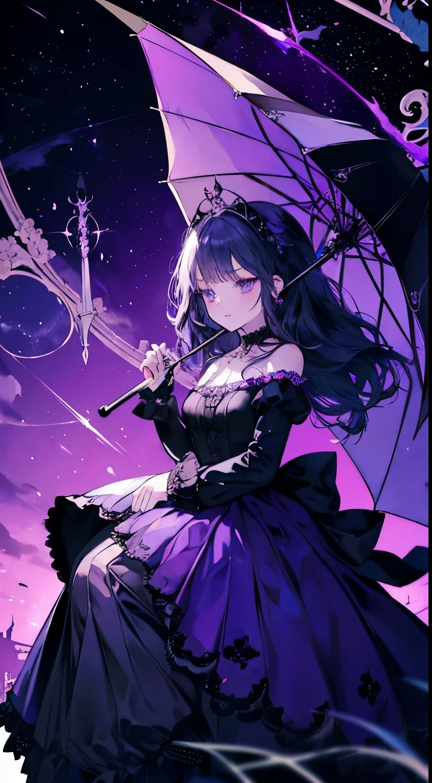 Anime girl in purple skirt holding umbrella in dark room, Moon themed clothing, fantasy costumes, rococo cyberpunk, Elegant Gothic Princess, black and purple clothing, gothic shoujo anime girl, Astral Witch Clothes, ****ta fashion, ((beautiful fantasy queen)), Charming hypnotic woman, Dress up in dreamy formal attire, lulua workshop, fairy tale core, I&#39;m going
