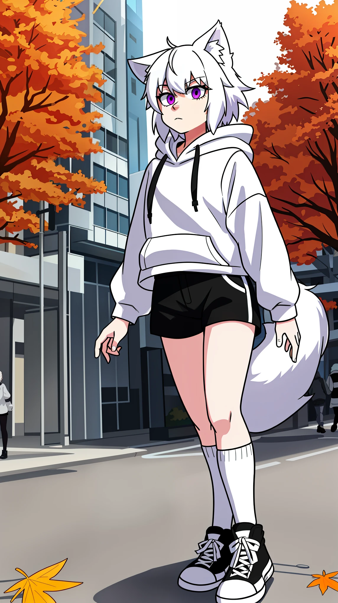 Solo, white male wolf, All white furry body, purple eyes, white wolf tail, short white hair, feminine, slender body, femboy, wearing big pink baggy hoody, black shorts, long black thigh high socks, converse shoes, walking, outdoors, urban setting, soft lighting, autumn season, high definition, 4k hd, by fumiko, by hyattlen, by claweddrip,