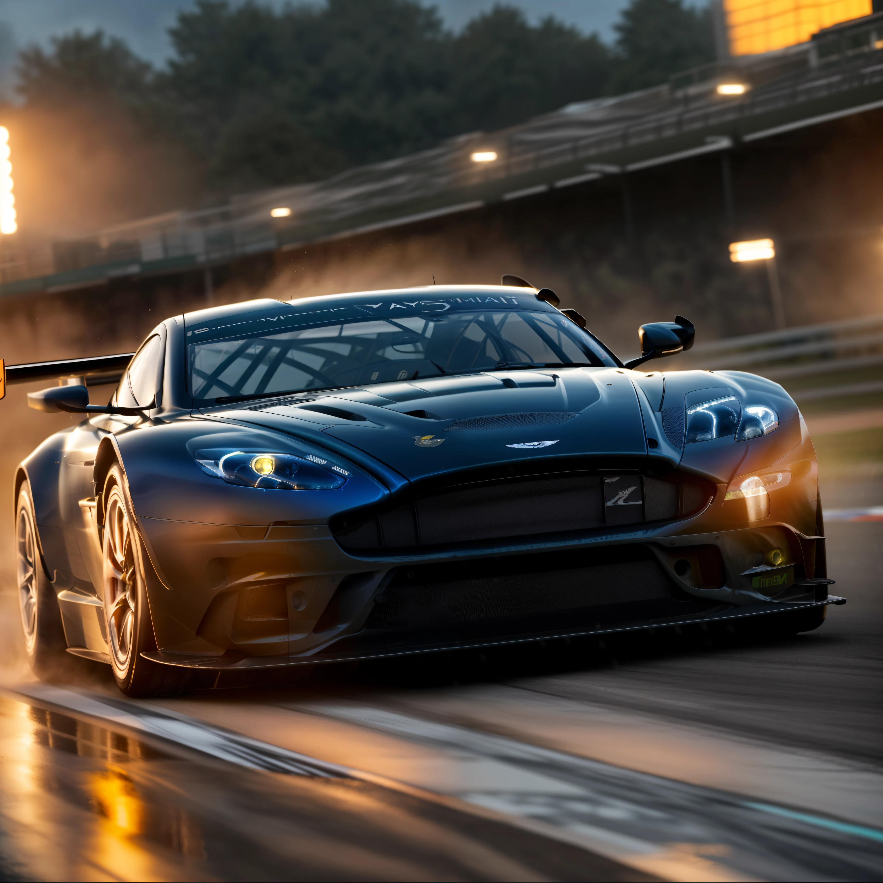 arafed image of a (aston martin db9 gt3:1.4), (8k, RAW photo, best quality, masterpiece:1.2), (realistic, photo-realistic:1.37), (full body:1.3) (detailed), (highres), ultra realistic, hyperrealistic, high detail RAW color photo of (aston martin db9 gt3r:1.4), high angle shot front viewaston martin db9 gt3 driving on a race track, stormy weather, (wet:1.2), (water dust:1.2), 8k uhd, high quality, motion blur, depth blur, cinematic, filmic image 4k, vibrant color, (reflections),(aston martin ) race car,(race car:1.4),(endurance race car:1.4),at night, lights, High Detail, Sharp focus, (photorealism), realistic, best quality, 8k, award winning, dramatic lighting, epic, cinematic, masterpiece, rim light, ambient fog:1.3, dutch angle, depth of field,8k uhd, high quality, motion blur, depth blur, cinematic, filmic image 4k, vibrant color, (reflections),spoiler, GT3 race car, WEC endurance cars,rollcage,sponsors,livery, sponsored livery,lights turned on,motion blur,closeup,commercial photography