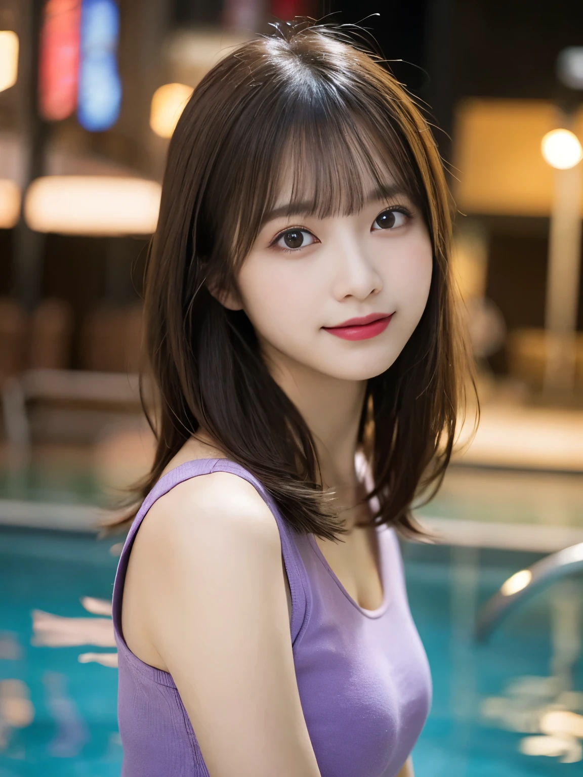 muste piece, best quality, illustration, Super detailed, fine details, High resolution, 8K Dende Wallpaper, perfect dynamic composition, beautiful detailed eyes, she is wearing a light purple tank top,medium hair,natural color lip, shy smile,Harajuku style、20 year old girl、There is only one person, bust up photo、don't tilt your head、correct posture、stretch your back、Never show your hands、stand up straight、cute type、looking at camera、C cup breasts、golden hair、I won't touch you、Blurred night pool background