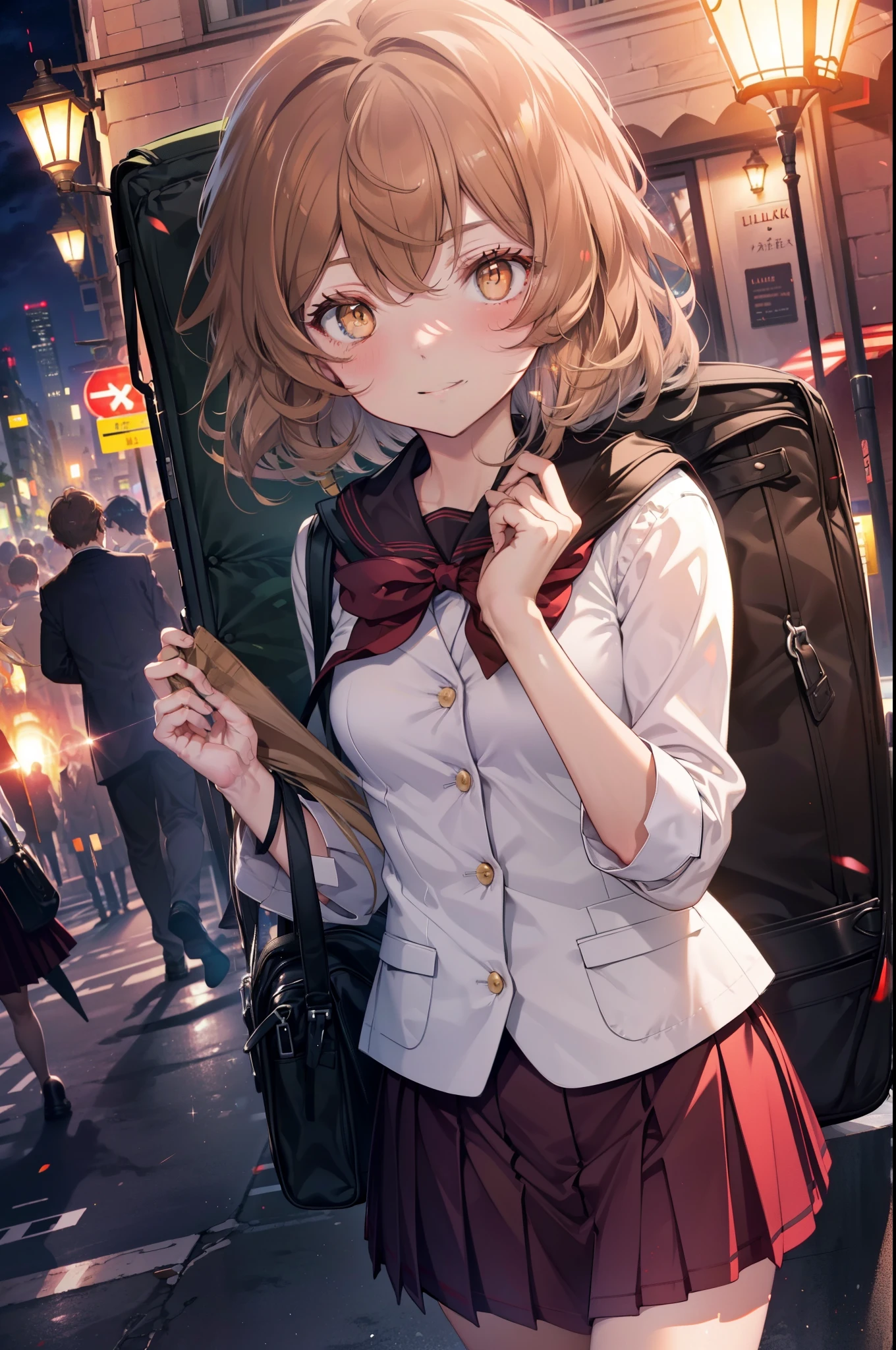 Lililukarde, Liliruka gets burned,  (brown eyes:1.7),Height: 140cm, brown hair, (small breasts:1.2),blush,smile, short hair,school uniform, uniform, blazer, shirt, white shirt, collared shirt, skirt, pleated skirt,black pantyhose,brown loafers,On the way home from school,evening,夕陽
break looking at viewer,
break outdoors, city,building street,
break (masterpiece:1.2), highest quality, High resolution, unity 8k wallpaper, (figure:0.8), (detailed and beautiful eyes:1.6), highly detailed face, perfect lighting, Very detailed CG, (perfect hands, perfect anatomy),