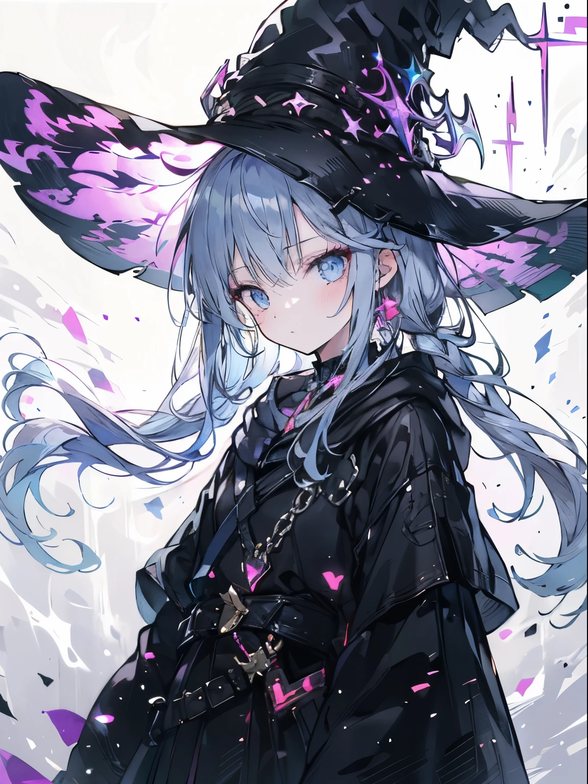 best quality, Altas, 1girl, Onze, witch hat, floating in the space, esfera de energia, light particles, cabelos brilhantes, estrelas brilhantes, fantasia,