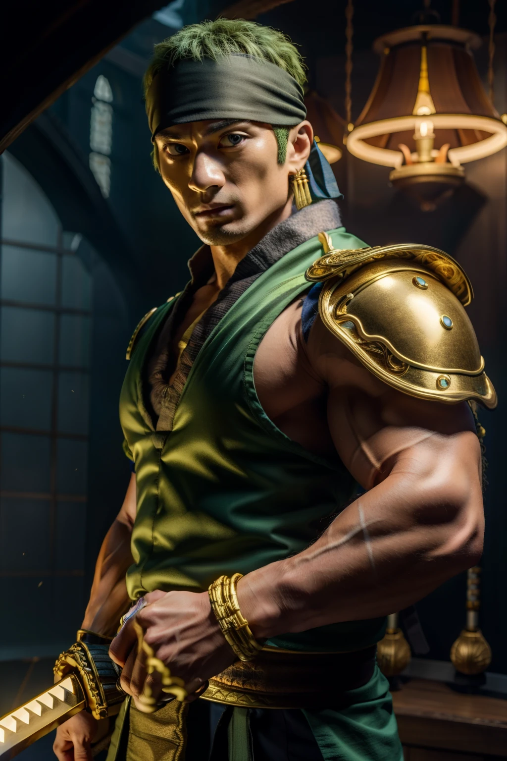 muscular male, samurai, armor, mackenyu, zoro, a man wearing a bandana, holding katana, black hat, masterpiece, GlowingRunes_green, best quality, ultra detailed eyes, IvoryGoldAI, highres, intricate details
