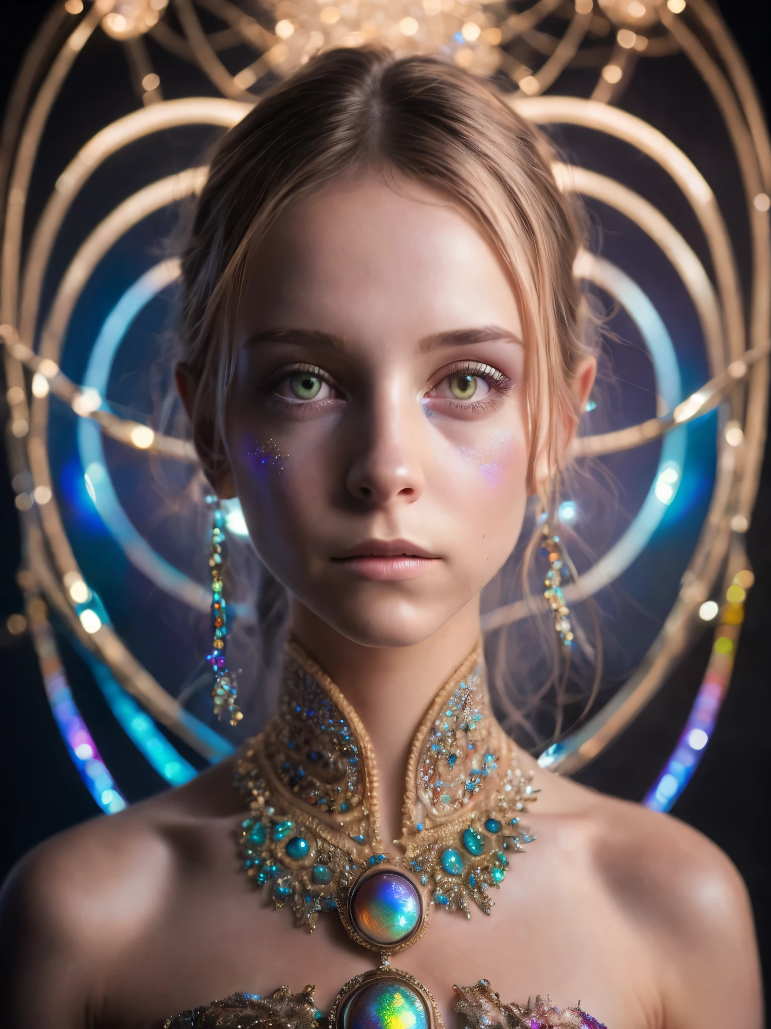 (Realistic:1.2), Photorealistic, highly detailed, full-body image of girl with playful body manipulations, gazing into the camera, divine proportion. The setting is an magical cell background, filled with whimsical lighting and an iridescent ambiance. The figure should embody a silent luminescence in a vibrant, imaginative artwork. The textures should appear soft and the overall mood whisperingly silent, enhanced by vibrant, iridescent touches. The composition should follow the rule of thirds for a visually appealing layout, detailed beautiful eyes and perfect face, anslog photo style, depth of field, bokeh, 16k best quality