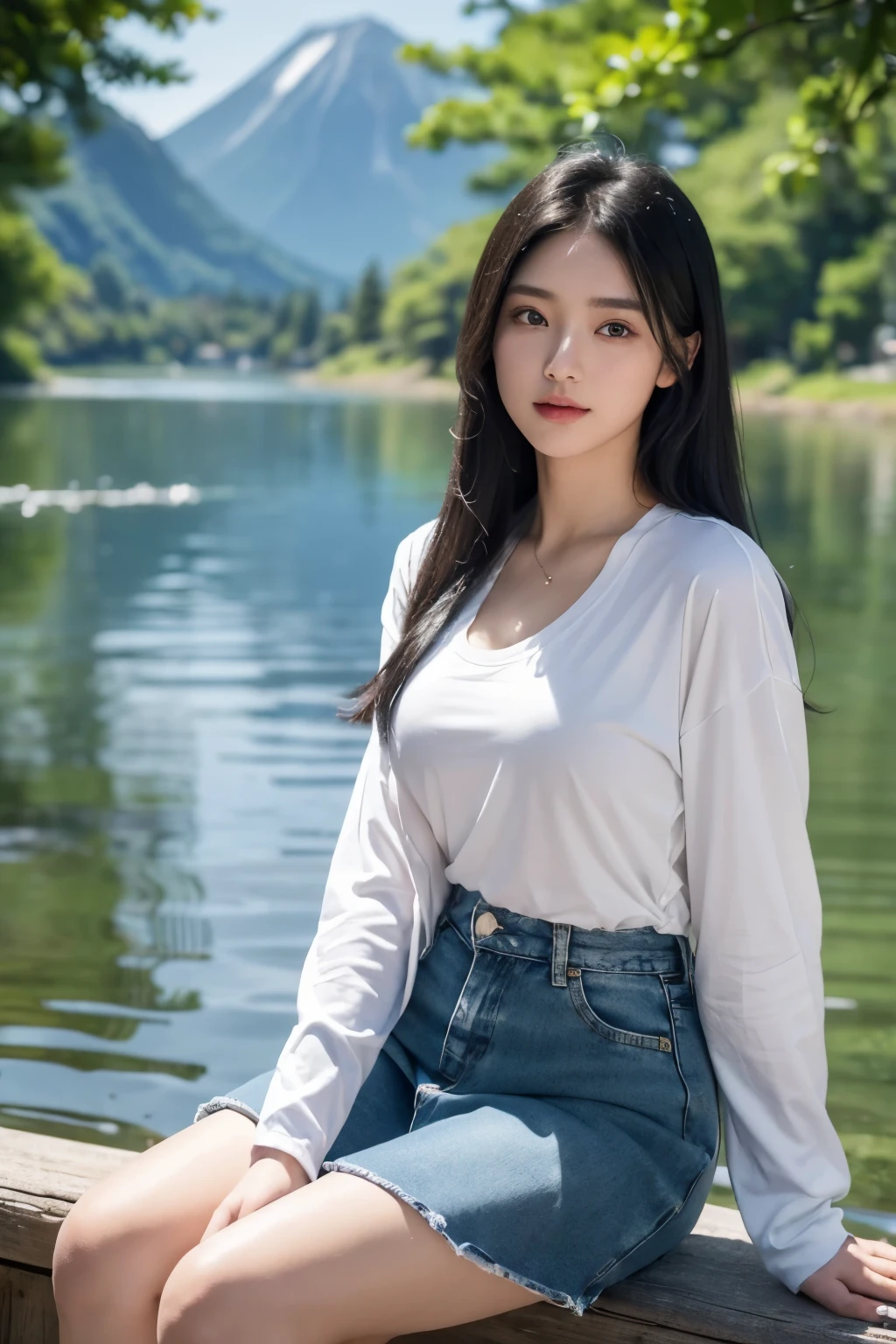 8k, masterpiece, RAW photo, best quality, photorealistic, extremely detailed CG unity 8k wallpaper, Depth of field, Cinematic Light, Lens Flare, Ray tracing, (extremely beautiful face, beautiful lips, beautiful eyes), intricate detail face, ((ultra detailed skin), Photo of Pretty 1 girl, Cute High School Girl, open jacket, Black pleated skirt, Perfect face, Young woman with long black hair, white t-shirt and blue jeans sitting on the edge of a lake with a beautiful view of the Japanese mountains in summer. The lake water is clear and sparkling in the sunlight. Flowers bloom around the lake.
