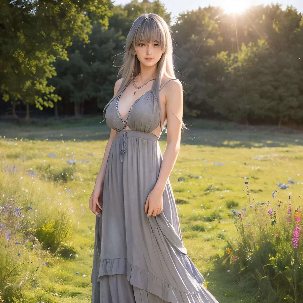 girl with (((Very long, gray hair with bangs))), (blue eyes), (big breasts), (Flowy maxi dress, layered necklaces, and suede ankle boots), (Standing with one hand touching hair, looking down shyly), (A sunlit meadow with wildflowers, Timid but free-spirited), perfect breasts, beautiful breasts, masterpiece, best quality, photorealistic, realistic