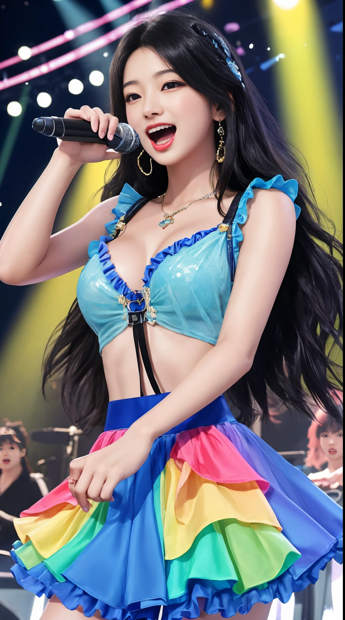 NSFW、masterpiece、最high quality、high quality、high quality、premium quality、wonderful品質、Exceptional quality、excellent quality、Luxury quality、excellent quality、best image quality、8k、super resolution、最High resolution、High resolution、最high quality、Rich shades、shining quality、crystal clear、realistic images、perfect details、Image without defects、clear image、wonderful表示、bright colors、deep contrast、high fidelity、amazing clarity、optimal performance、Well image、realistic、wonderful、perfect image、Close to reality、Realistic human body in every detail、Realistic skin in every detail、Realistic face in every detail、Realistic eyes in every detail、Realistic lips in every detail、Realistic teeth in every detail、Realistic ears down to the last detail、Realistic hair down to the last detail、Realistic arms down to the last detail、Realistic reproduction of every detail、Realistic fingers in every detail、(fine hands、thumb1reference4)、Realistic feet in every detail、pretty girl、beautiful girl、attractive girl、attractive young woman、wonderfulティーンエイジャー、adorable girl、Shining Girl、innocent girl、sweet girl、beautiful adolescent girl、cute young woman、 the girl who captures your heart、dazzling girl、elegant girl、((japanese model))、((18-year-old))、(black hair)、(straight hair)、((whole body))、((Upward beautiful breasts、Medium chest))、(slim style、slender style)、(whole body光沢肌、Fair skin)、Detailed and realistic human body、detailed realistic skin、detailed realistic face、detailed realistic arms、detailed realistic fingers、Detailed realistic feet、(professional lighting)、((big stage venue))、((large concert venue)、((big live venue))、(on stage)、((Idol))、((singer))、((Rainbow-colored transparent see-through(stage costume with frills))、(((on stage(microphone1have、Sing enthusiastically)))、(whole body映像)、angle from below、(Lots of galleries、large audience)