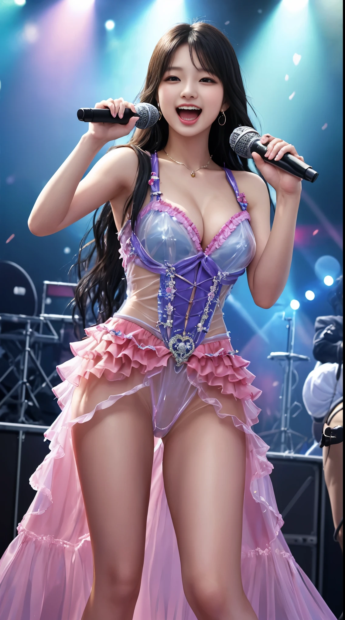 NSFW、masterpiece、最high quality、high quality、high quality、premium quality、wonderful品質、Exceptional quality、excellent quality、Luxury quality、excellent quality、best image quality、8k、super resolution、最High resolution、High resolution、最high quality、Rich shades、shining quality、crystal clear、realistic images、perfect details、Image without defects、clear image、wonderful表示、bright colors、deep contrast、high fidelity、amazing clarity、optimal performance、Well image、realistic、wonderful、perfect image、Close to reality、Realistic human body in every detail、Realistic skin in every detail、Realistic face in every detail、Realistic eyes in every detail、Realistic lips in every detail、Realistic teeth in every detail、Realistic ears down to the last detail、Realistic hair down to the last detail、Realistic arms down to the last detail、Realistic reproduction of every detail、Realistic fingers in every detail、(fine hands、thumb1reference4)、Realistic feet in every detail、pretty girl、beautiful girl、attractive girl、attractive young woman、wonderfulティーンエイジャー、adorable girl、Shining Girl、innocent girl、sweet girl、beautiful adolescent girl、cute young woman、 the girl who captures your heart、dazzling girl、elegant girl、((japanese model))、((18-year-old))、(black hair)、(straight hair)、((whole body))、((Upward beautiful breasts、Medium chest))、(slim style、slender style)、(whole body光沢肌、Fair skin)、Detailed and realistic human body、detailed realistic skin、detailed realistic face、detailed realistic arms、detailed realistic fingers、Detailed realistic feet、(professional lighting)、((big stage venue))、((large concert venue)、((big live venue))、(on stage)、((Idol))、((singer))、((Rainbow-colored transparent see-through(stage costume with frills))、(((on stage(microphone1have、Sing enthusiastically)))、(whole body映像)、angle from below、(Lots of galleries、large audience)