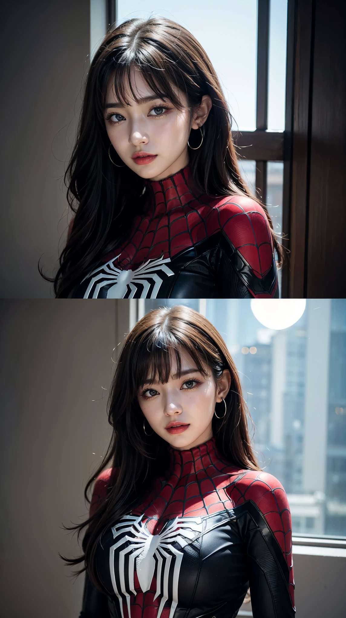 1 Girl, Very bright backlight, Solo, {beautiful-detailed eyes}, large full breasts, Brilliant moonlight, calm expression, Natural light and soft light, Hair fluttering in the breeze, delicate facial features, Blunt bangs, beautiful Korean girl, Eye Smile, Very small earrings,(Wearing Spider-Man's suit. It has a red and black scheme of spider design, A glimpse of the valley :1.3) ,23 years old, film grain, Real hands,shy smile,sexy poses