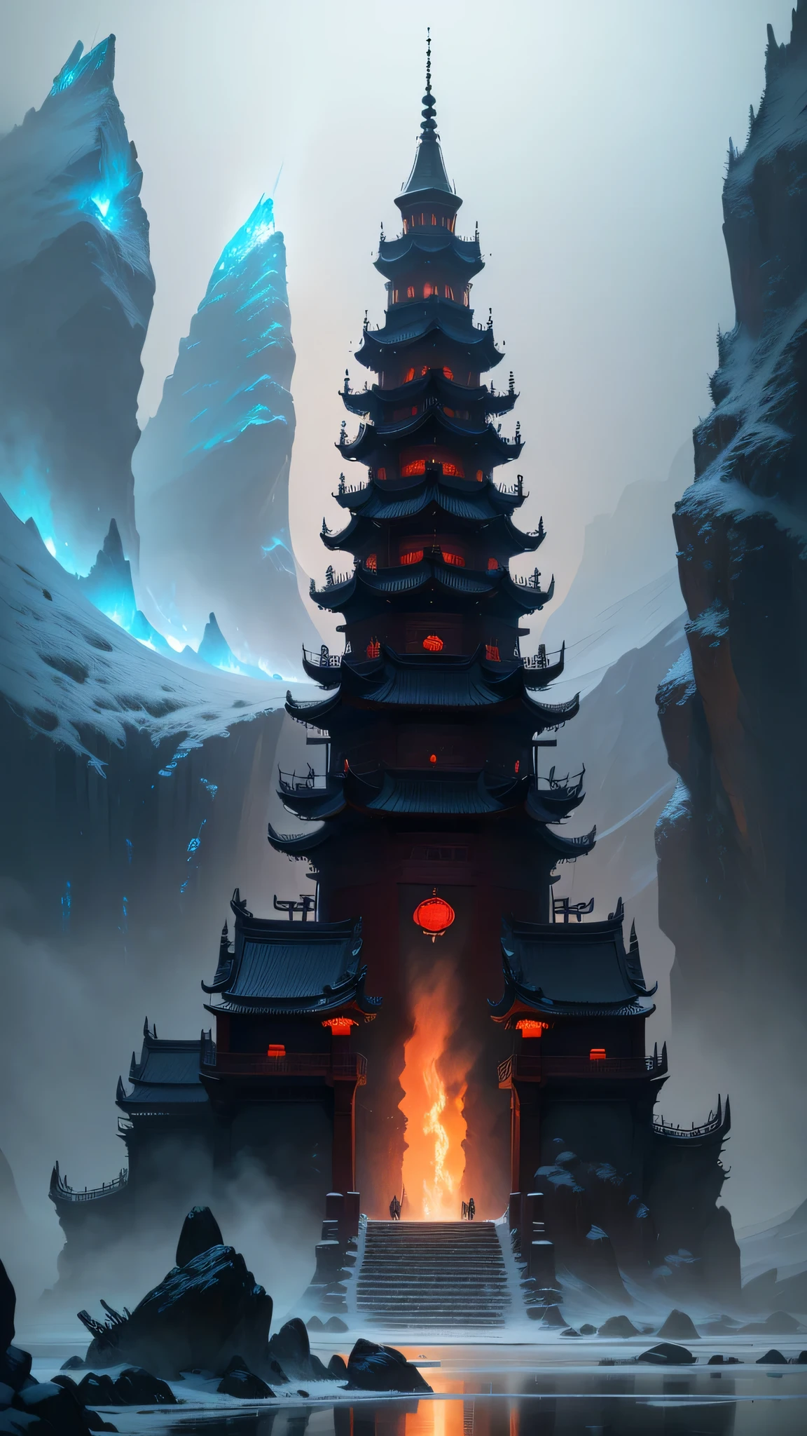 ancient China，(welcome)，Mont，rios，A new world of icy landscapes,Drank，SF, 4k, high quality, phantom engine, fantasy art ,Clean design, wonderful