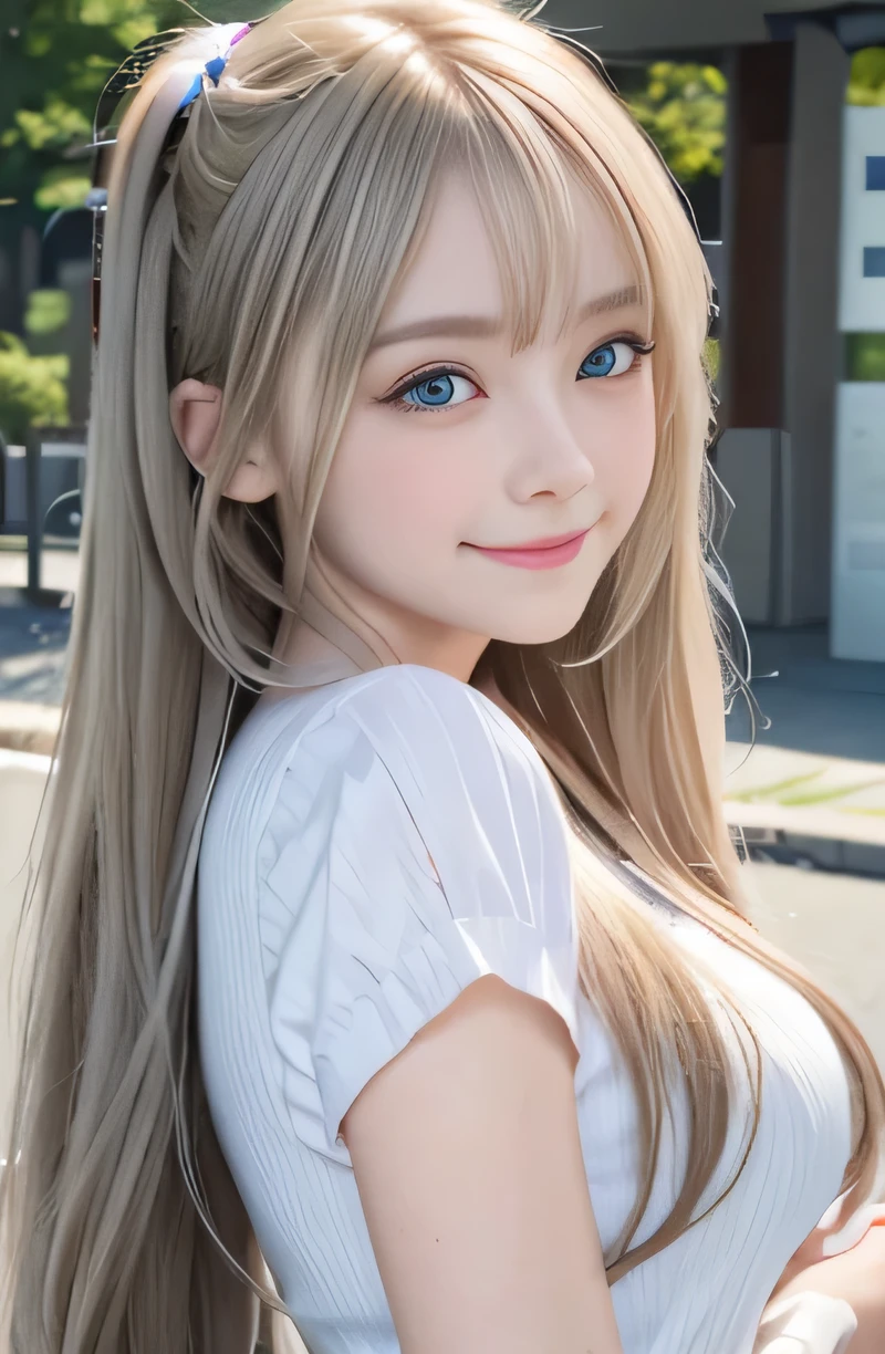 bright look, photorealism, highest quality, Super A high resolution, picture, The most beautiful photos of Nordic girls, cute and beautiful face details, small face, (smile shyly:1.4), (Pueros face_v1:0.008), beautiful bangs, alice in wonderland, beautiful like a fairy, , White and shiny skin, Pigtails, Bangs that extend to the face, by bangs, hair between eyes, super long hair, Attractive, silky, super long platinum blonde hair, thin hair, Charming shining beauty bright clear light blue big eyes, (big round eyes, droopy eyes:1.4), school uniform, eyeliner, double eyelid,
perkytits, from the waist up,