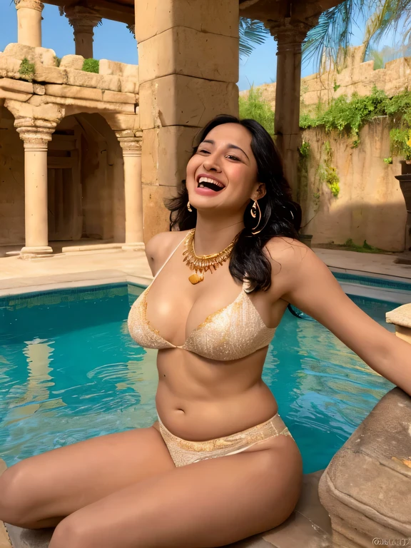 ((best quality, 8 thousand, masterpiece:1.3)), 28 year old black indian princess, Gold necklace, earring, good eyes, Twinkle Pool, black skin, laugh, h cup big saggy breasts, breasts are natural,white underwear, Wet breasts, in ancient architecture, wide pelvis, i have belly fat, Hard thighs, long brown hair, hands back, stand, inexpressive , head 45 degrees, a little belly fat, abs definition, wearing a sari, I kneel down and look up....