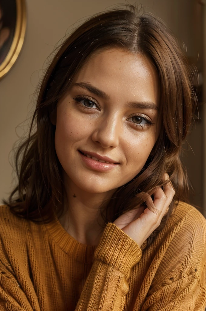 (smiling woman),(orange sweater),sitting at table,(hand on face),beautiful detailed eyes,beautiful detailed lips,extremely detailed eyes and face,long eyelashes,(best quality,4k,8k,highres,masterpiece:1.2),ultra-detailed,(realistic,photorealistic,photo-realistic:1.37),vivid colors,studio lighting,soft sunlight,cozy atmosphere,portrait,medium brushstrokes,warm color palette