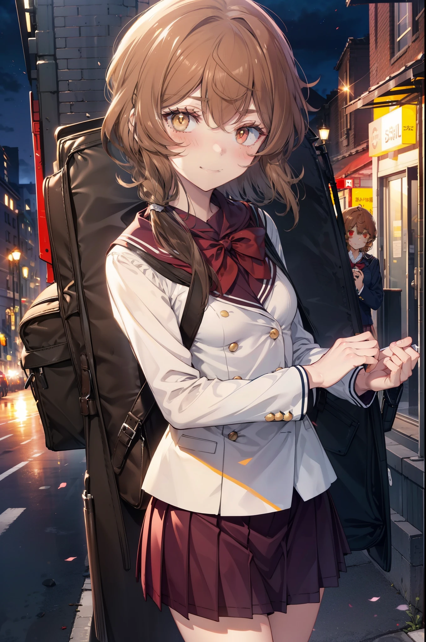 Lililukarde, Liliruka gets burned,  (brown eyes:1.7),Height: 140cm, brown hair, (small breasts:1.2),blush,smile, short hair,school uniform, uniform, blazer, shirt, white shirt, collared shirt, skirt, pleated skirt,black pantyhose,brown loafers,On the way home from school,evening,夕陽
break looking at viewer,
break outdoors, city,building street,
break (masterpiece:1.2), highest quality, High resolution, unity 8k wallpaper, (figure:0.8), (detailed and beautiful eyes:1.6), highly detailed face, perfect lighting, Very detailed CG, (perfect hands, perfect anatomy),