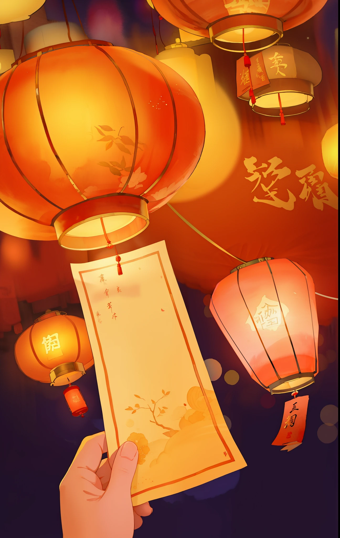 There is a hand holding a piece of paper,Glowing red lanterns at night，simple lantern，A beautiful artistic illustration, Chinese watercolor style