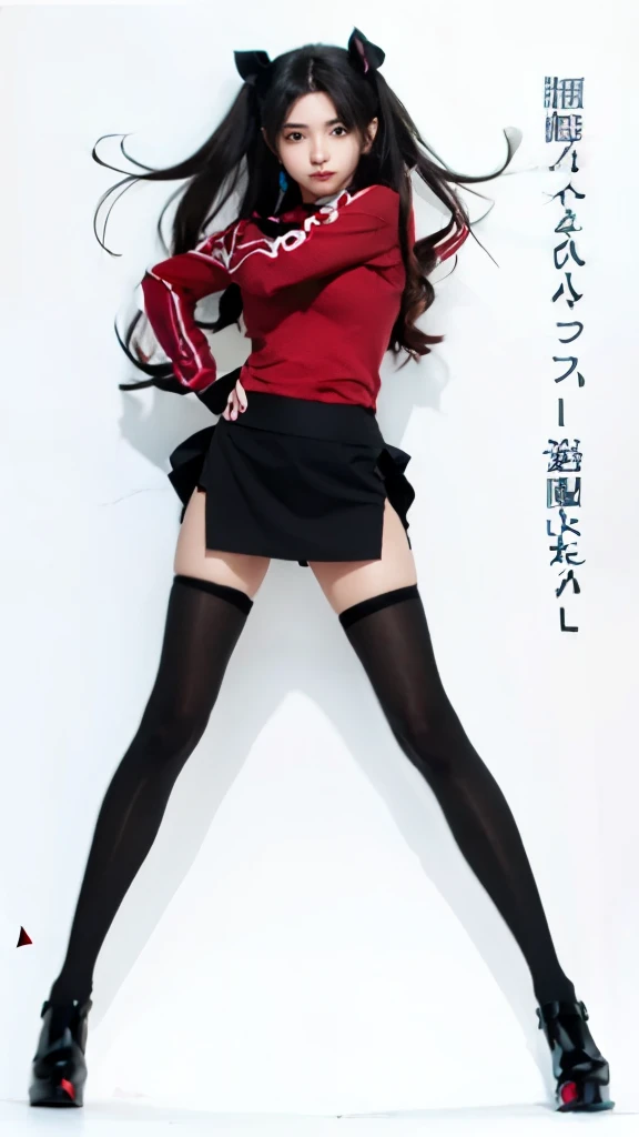 anime girl in a red shirt and black skirt posing, rin tohsaka, yandere. tall, !!full body portrait!!, anime full body illustration, gapmoe yandere, full_body!!, marin kitagawa fanart, yandere, anime woman fullbody art, beautiful anime high school girl, full body!!, fullbody shot, anime moe artstyle