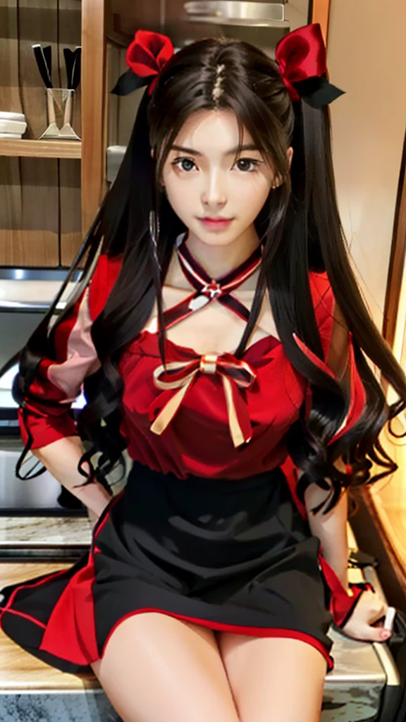 anime girl in a red and black outfit sitting on a counter, rin tohsaka, anime style like fate/stay night, seductive anime girl, attractive anime girl, anime girl with long hair, beautiful alluring anime , an anime girl, beautiful alluring anime woman, cute anime waifu in a nice dress, female anime character, anime girl, anime woman