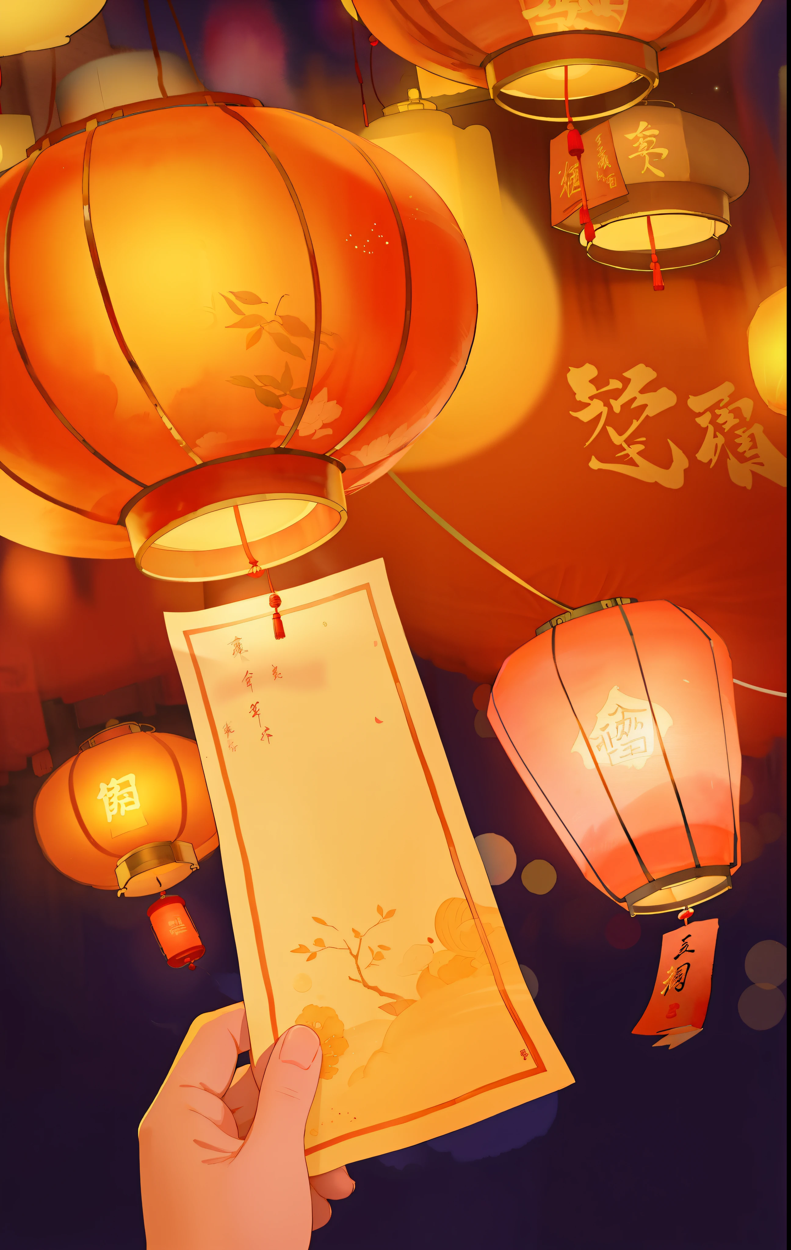 There is a hand holding a piece of paper,Red lanterns sparkle at night，simple lantern，A beautiful artistic illustration, Chinese watercolor style