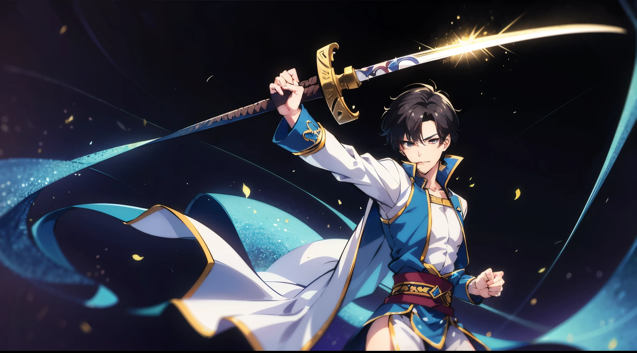 anime, a man in a blue and white dress is holding a sword , fighting pose, male anime character, anime character, male action anime boy, anime style character, the anime boy is running, martial art pose, fight pose, fighting stance, fighting game character, anime pose, portrait of avatar korra, battle action pose, portrait of a male anime hero , a cyber background ,