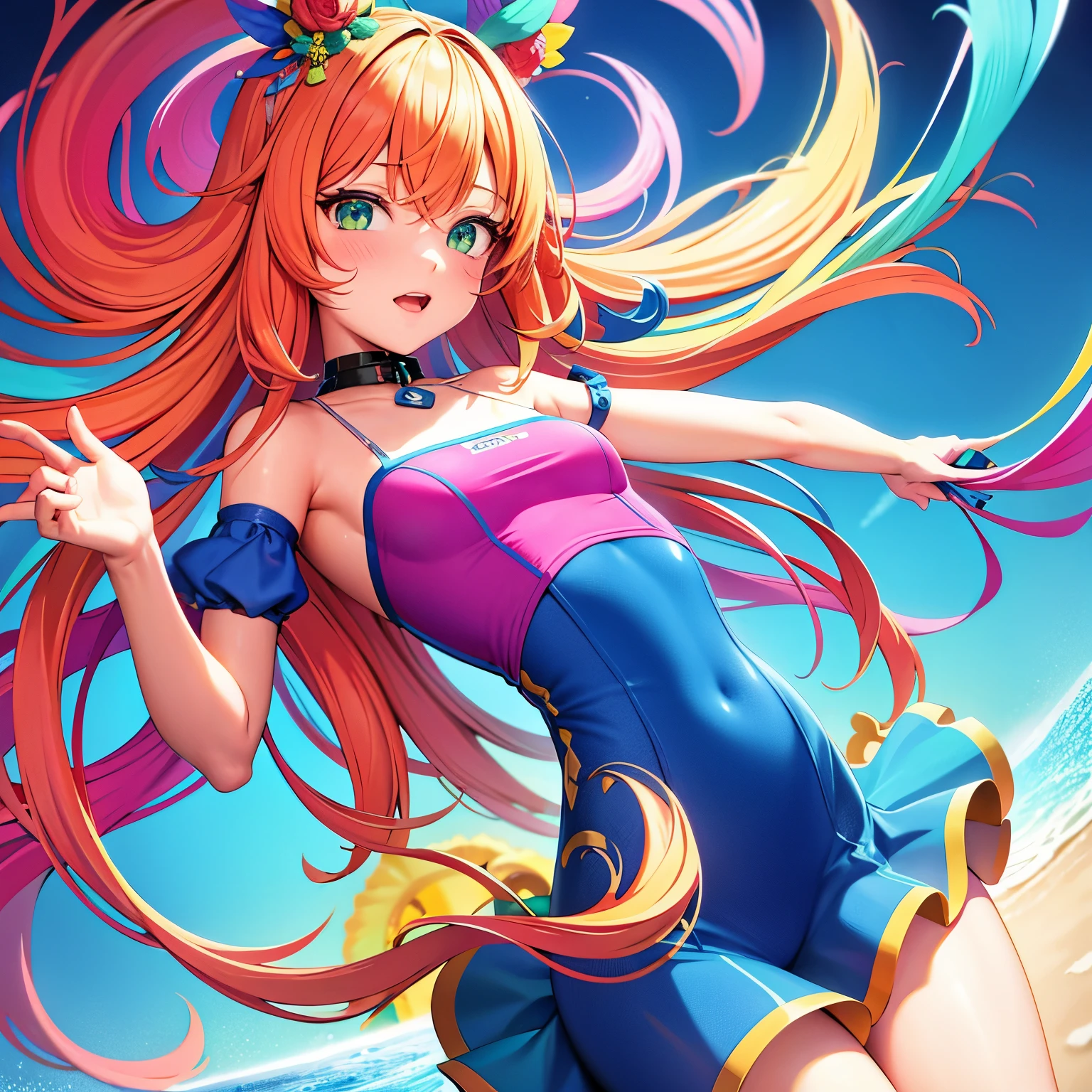 anime style,hyper cute girl wearing bikini,(((((Seven stripes, seven colors of stripes))))), (((red, orange, yellow, green, blue, indigo and purple)))