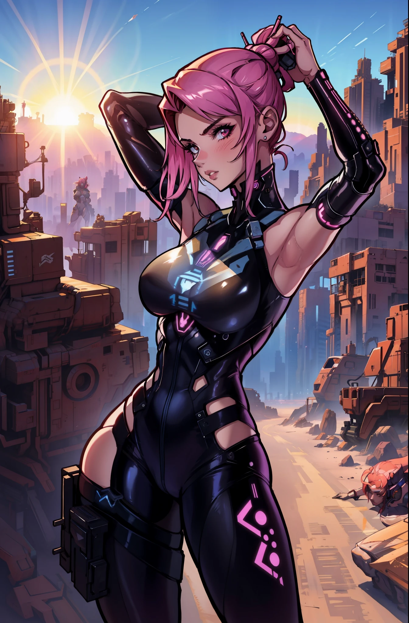 cyberpunk woman with medium breast, high details, she is stretching in the desert with the sun rising up, side picture, wearing tight clothes, detailed face and body