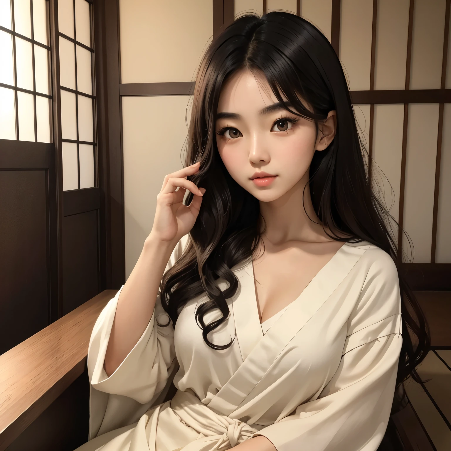 Japanese girl she is half American she have foxy face shape,almond eyes, she have long really dark black hair,a litlle thick brows,look like a rich woman,18 yo,a little curly hair,bright soft brown eyes