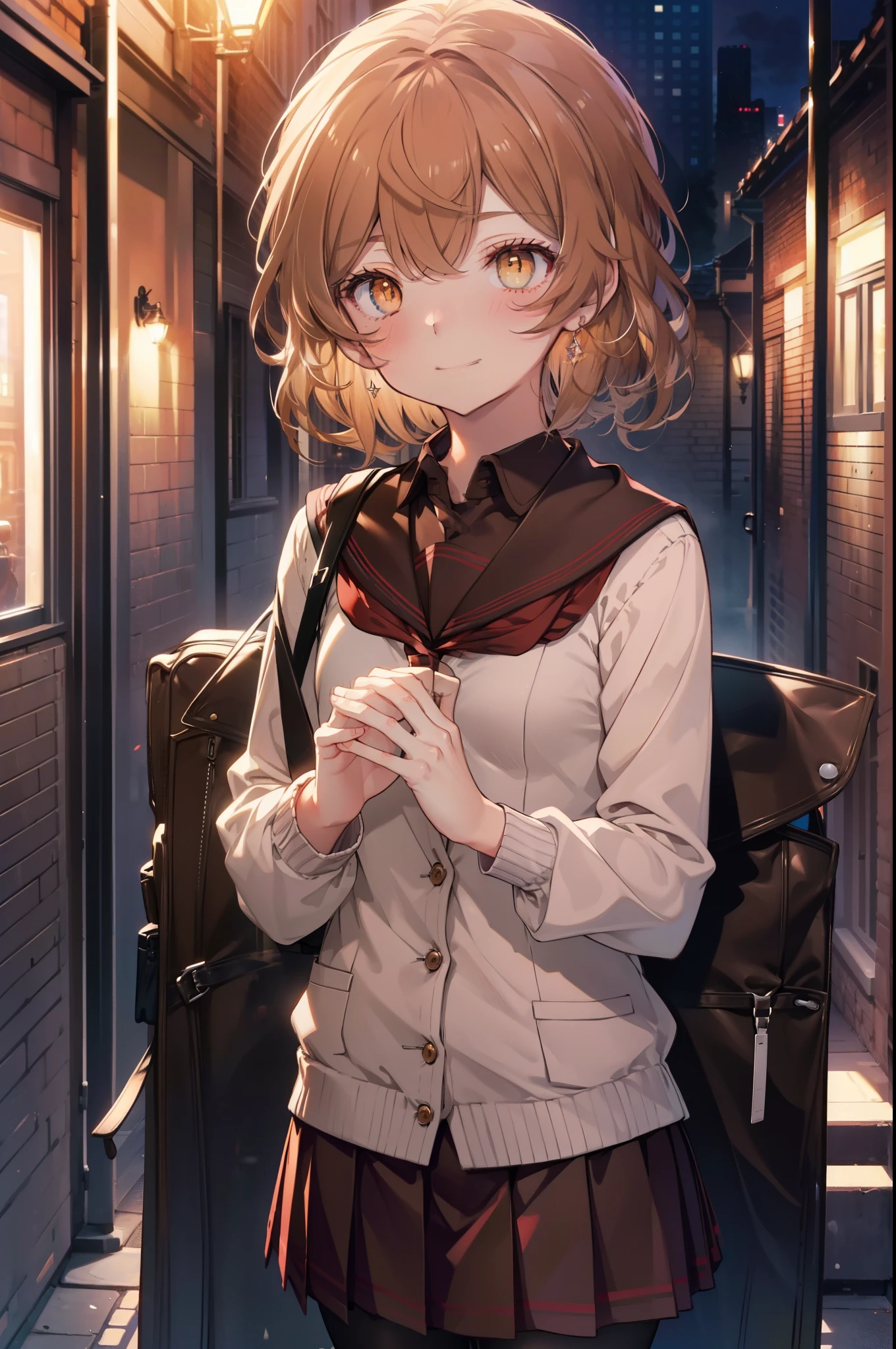 Lililukarde, Liliruka gets burned, (brown eyes:1.7),Height: 140cm, brown hair, (small breasts:1.2),blush,smile, short hair,school uniform, uniform,pink cardigan, blazer, shirt, white shirt, collared shirt, skirt, pleated skirt,black pantyhose,brown loafers,On the way home from school,evening,夕陽
break looking at viewer,
break outdoors, city,building street,
break (masterpiece:1.2), highest quality, High resolution, unity 8k wallpaper, (figure:0.8), (detailed and beautiful eyes:1.6), highly detailed face, perfect lighting, Very detailed CG, (perfect hands, perfect anatomy),
