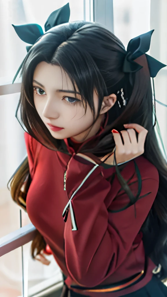 anime girl with long black hair and blue eyes in red shirt, rin tohsaka, anime style like fate/stay night, fate / stay night, anime moe artstyle, fate stay night, female anime character, an anime girl, anime visual of a cute girl, ilya kuvshinov with long hair, profile of anime girl, anime girl with long hair