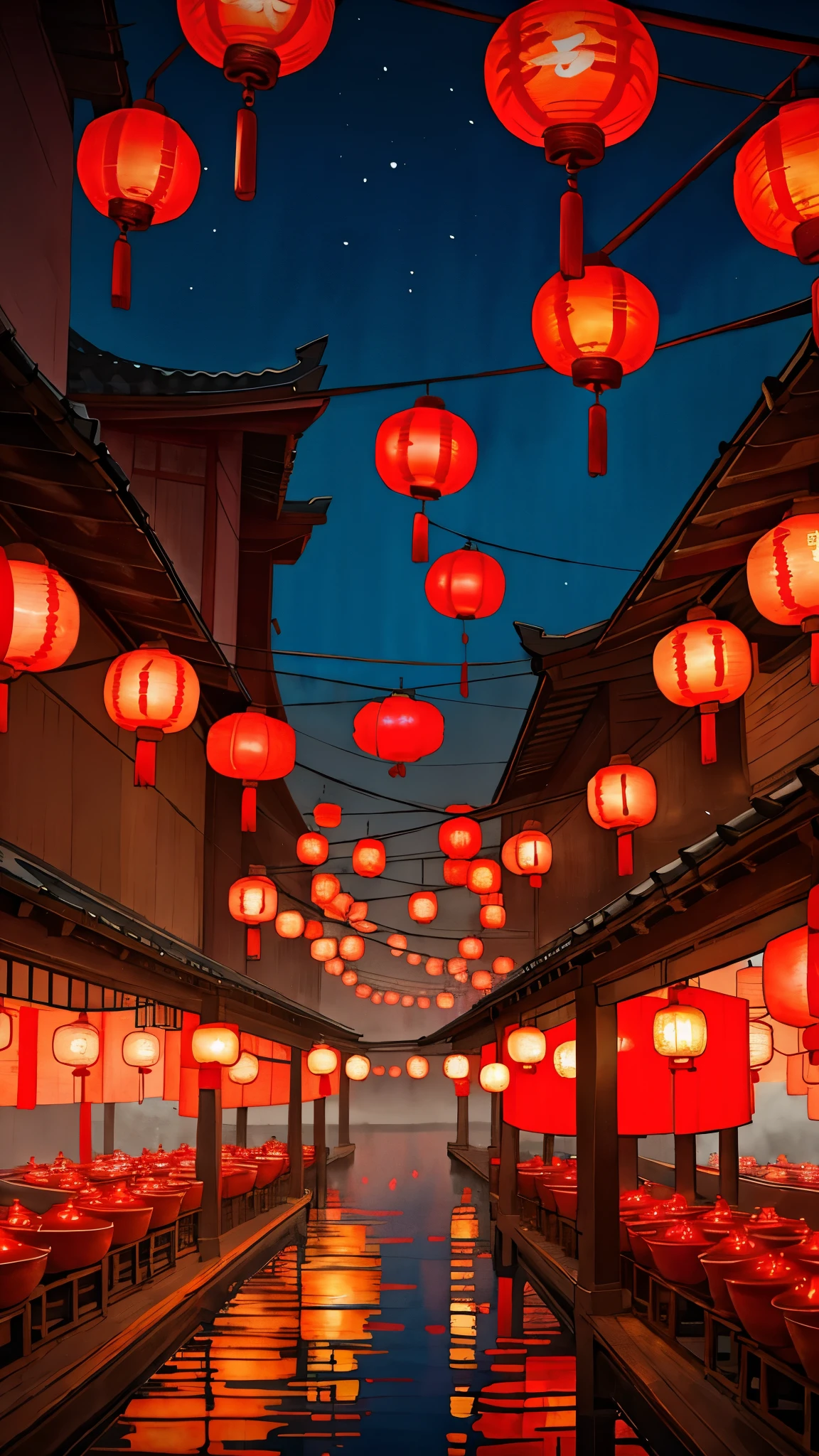 Glowing red lanterns at night，A beautiful artistic illustration, Chinese watercolor style