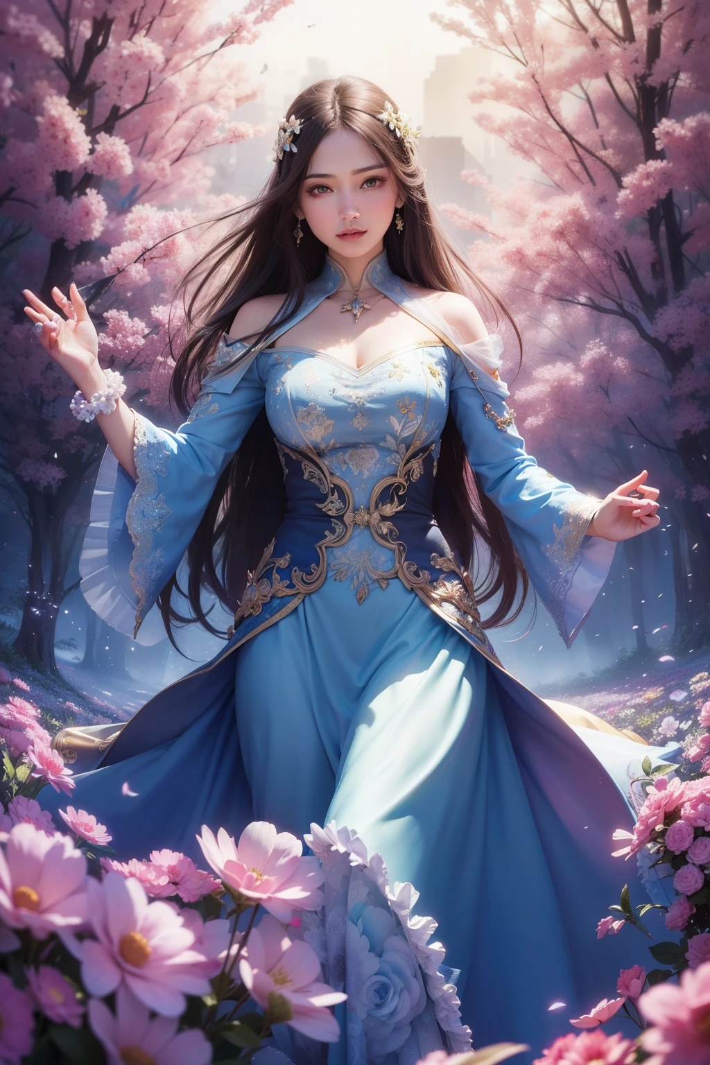Beautiful detailed woman,very detailed eyes and faces, detailed eyes, ultra - detailed, A high resolution, The is very detailed,best qualtiy,illustratio,unified,8k wallpaper,tmasterpiece,best qualtiy,Faraway view，1girll，full bodyesbian，looki at viewer，face to the viewer，Long flowing hair，long  skirt，Background with：rays of sunshine，florals，Gorgeous，Brilliant and colorful，Random dynamic pose，Surreal 8000 grams，Impeccable，tmasterpiece，professionalartwork，famousartwork，movie lighting，cinematicbloom，Perfect face，beautifulface，fanciful，dream magical，Not real，intricately details，delicate patterns