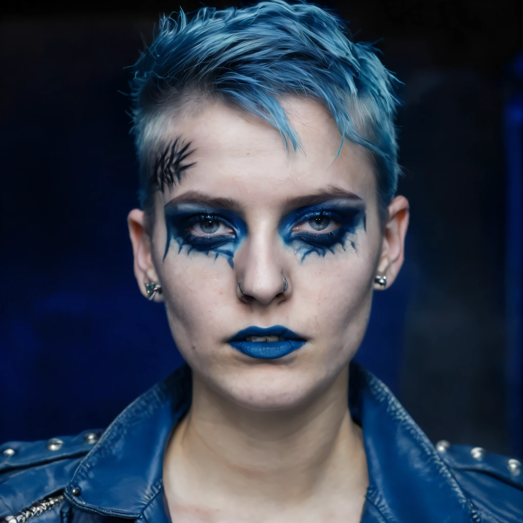 (masterpiece)+, (extremely (realistic)+, portrait of an extremely ugly 25 years old punk woman hacker, blue hair, blue makeup, lots of makeup, Blue leather jacket, Head scar, Extremely pale, Skinny, tomboy, skin, sick, sickly skin, Sickly, Cold calm stare, upper body, Closeup portrait, octane render, unreal engine, volumetrics dtx, Photorealistic, ultra detailed, Artstation trending, very very detailed, realistic shaded lighting, dynamic shadows, detailed Blue matrix  background, upper body, professional photograph of a detailed skin, sharp focus, dramatic, award winning, cinematic lighting, octane render, unreal engine, volumetrics dtx, Photorealistic, ultra detailed, Artstation trending, very very detailed, hyperrealistic, fine details, realistic shaded lighting, dynamic shadows, Blue matrix background,