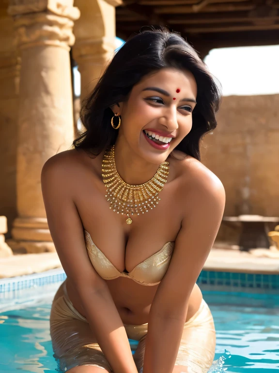 ((best quality, 8 thousand, masterpiece:1.3)), 28 year old black indian princess, Gold necklace, earring, good eyes, Twinkle Pool, black skin, laugh, h cup big saggy breasts, breasts are natural,white underwear, Wet breasts, in ancient architecture, wide pelvis, i have belly fat, Hard thighs, long brown hair, hands back, stand, inexpressive , head 45 degrees, a little belly fat, abs definition, wearing a sari, I kneel down and look up.....Cracks are visible