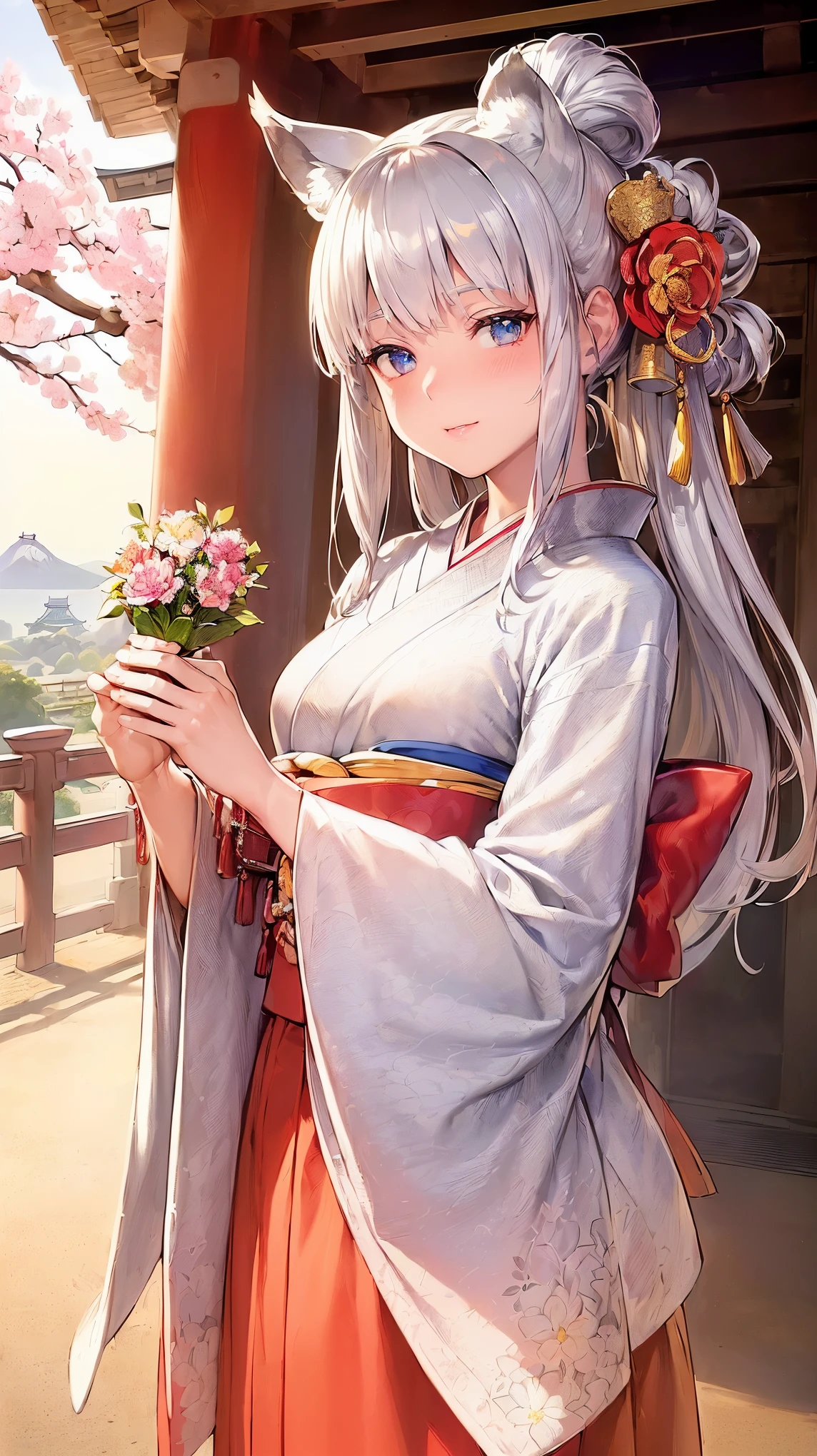 (((Masterpiece))), (((Highest quality))), ((Ultra-detailed)), ((Super fine illustration)), ((Ultra-fine painting)), (16K highest quality wallpaper:1.4), (Upper body:1.6), HDR, (Highly detailed and delicate illustration style:1.8), Detailed skin texture, Detailed cloth texture, Extreme detailed description, (T-masterpiece), (Highly detailed face:1.2), (Highly detailed silver fox ears:1.2), (Highly detailed shiny silver half updo:1.2), (Highly detailed clear eyes:1.2), Original, RAW photo, Professional, Intricate details, Super details, Direct light:1.6, (Perfect anatomy:1.4), (Highly detailed hands:1.2), (Highly detailed fingers:1.2), (Highly detailed fingertips:1.2), (16-years-old), Real, (Solo:1.8), ((A beautiful and cute silver fox girl who is an idol and wears a bright red long-sleeved kimono with a floral pattern:1.4)) BRAKE (Beautiful and adorable silver fox ears:1.6), (Highly detailed and delicate silver fox ears:1.4), (Beautiful and well-shaped big breasts:1.2), (Beautiful and well-shaped buttocks), (Beautiful and shiny silver half updo:1.6), (Highly detailed and delicate silver half updo:1.2), (Beautiful clear blue eyes that shine with great detail:1.6), (Highly detailed and delicate blue eyes:1.2), (Highly detailed face:1.4), (Smile:1.5), (Blush:1.4), (Looking at viewer:1.4), (Celebration:1.4) BRAKE (Bright red long-sleeved kimono with floral pattern:1.4), (Japanese traditional costume:1.2) BRAKE (Concept art:1.2), (Detailed fantasy art:1.2) BRAKE (Highly detailed and delicate Ise Grand Shrine in Mie Prefecture in the background just after noon in spring:1.6), (Standing in front of the torii gate:1.4), (Celebration:1.4), Ise Grand Shrine:1.4, Torii gate of Ise Shrine:1.4, cherry blossoms:1.2, Very beautiful in the sunny sky background just after noon:1.4 BRAKE