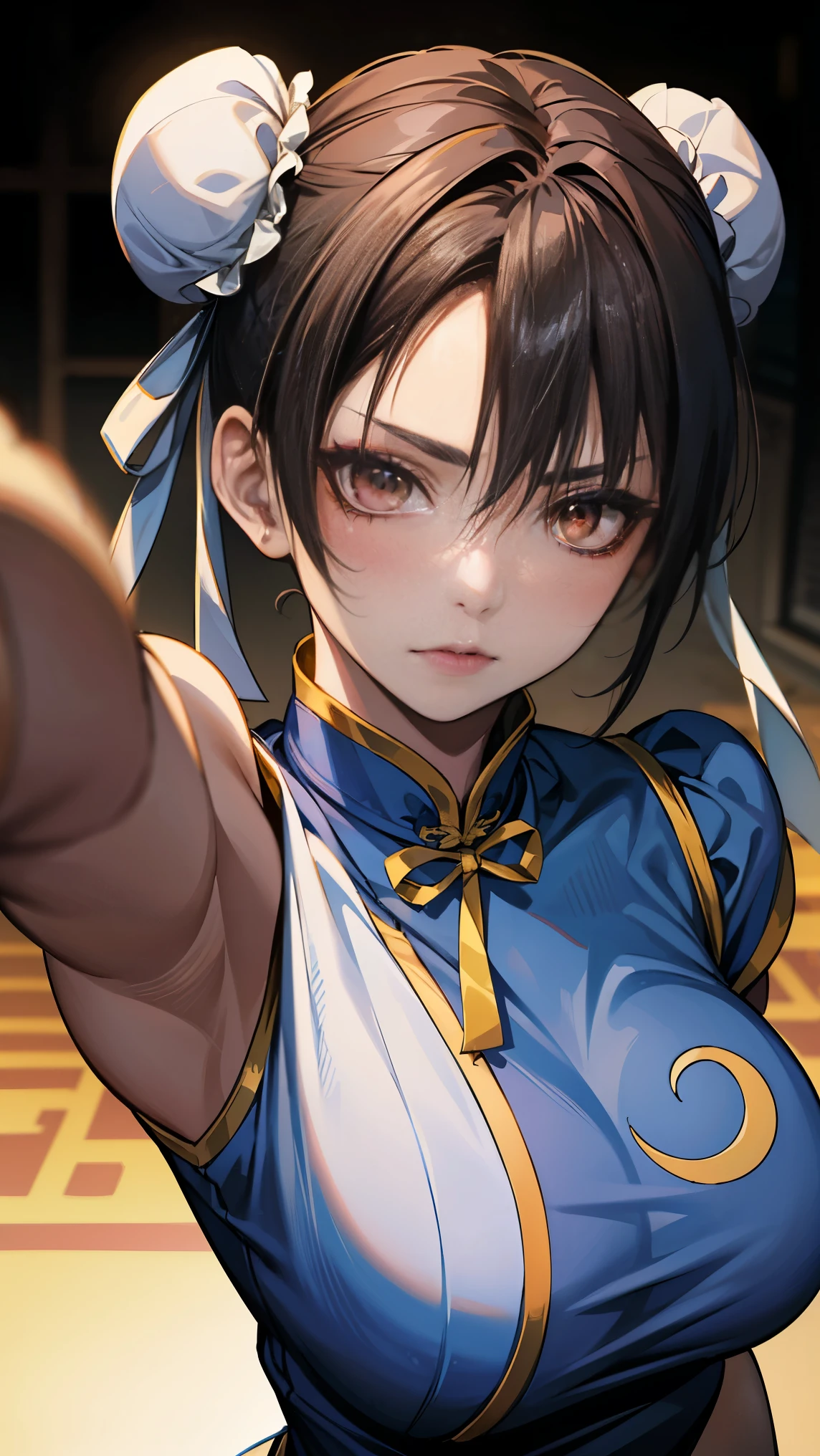 street fighter chun li, goth, brown eyes, compensate, in tokyo, anime style, double hair bun, goth eye shadow, goth eye liner, beautiful face, dark compensate, goth, 4k, Advanced 8k, highest quality,blue cheongsam, kung fu pose, blue cheongsam. brown eyes