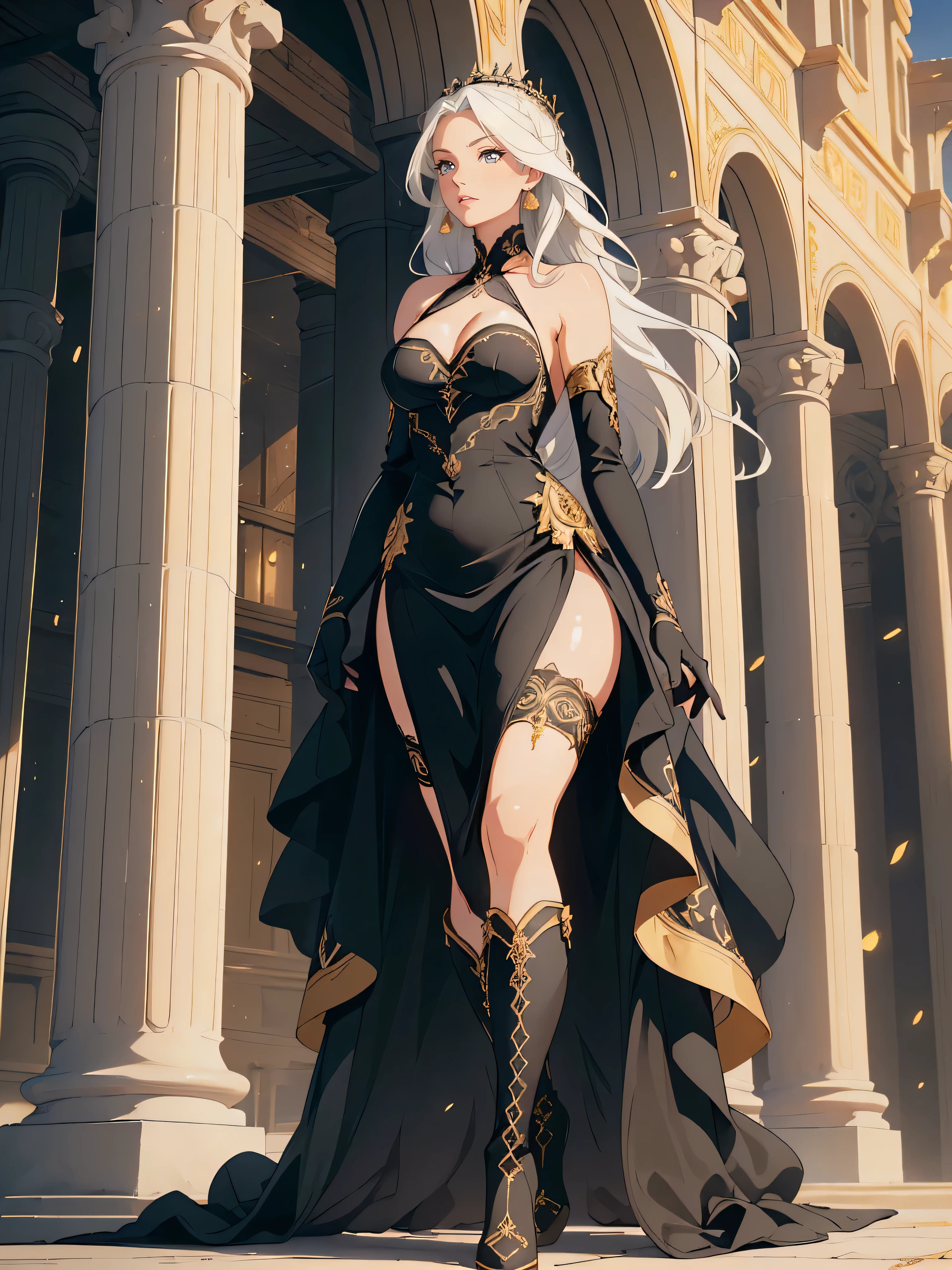 masterpiece, high quality, illustration, extremely detailed, cg unity 8k, wind blowing, wind effects, 1_women, (full body), (Caucasian skin_complexion:1.4),mature, statuesque, tall, beautiful, exotic, (((looking away from viewer))), large breast, stoic face, nsfw, chest window, ((cleavage)), and halter dress, black ((diaphanous sparkling dress)) with gold trim, black knee_high boots, ((white embroidery elbow gloves)), long white hair, realistic and detailed face having (yellow eyes), ((dark_eyeliner)), long_eyelashes), natural dynamic lighting casts detailed shadows, castle court room, (roman style background), marble columns,