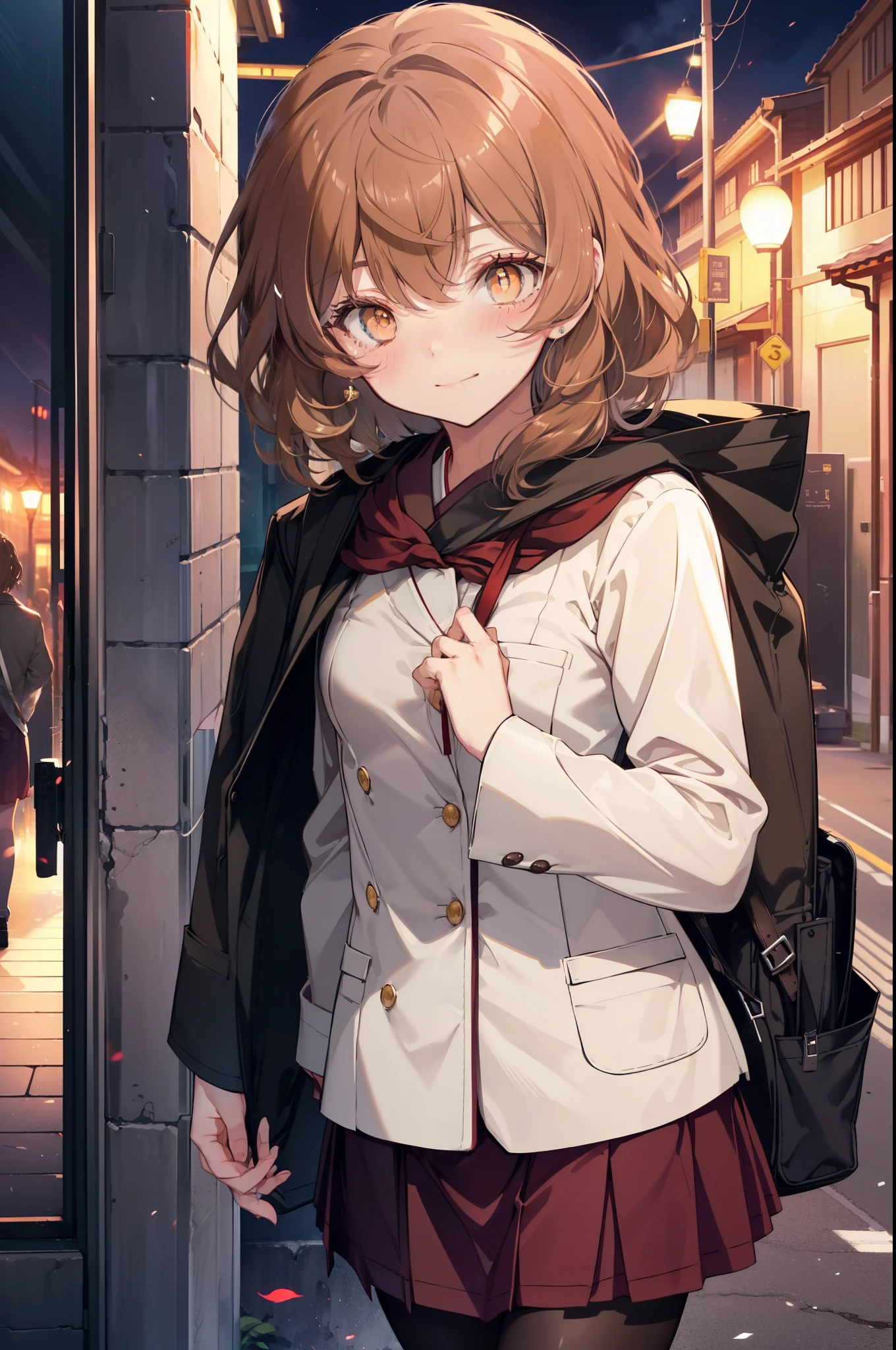 Lililukarde, Liliruka gets burned,  (brown eyes:1.7),Height: 140cm, brown hair, (small breasts:1.2),blush,smile, short hair,japanese high school girl uniform(White Y-shirt),blazer　There is an open front,Pink cardigan,black pleated skirt,black pantyhose,brown loafers,On the way home from school,evening,夕陽
break looking at viewer,
break outdoors, city,building street,
break (masterpiece:1.2), highest quality, High resolution, unity 8k wallpaper, (figure:0.8), (detailed and beautiful eyes:1.6), highly detailed face, perfect lighting, Very detailed CG, (perfect hands, perfect anatomy),